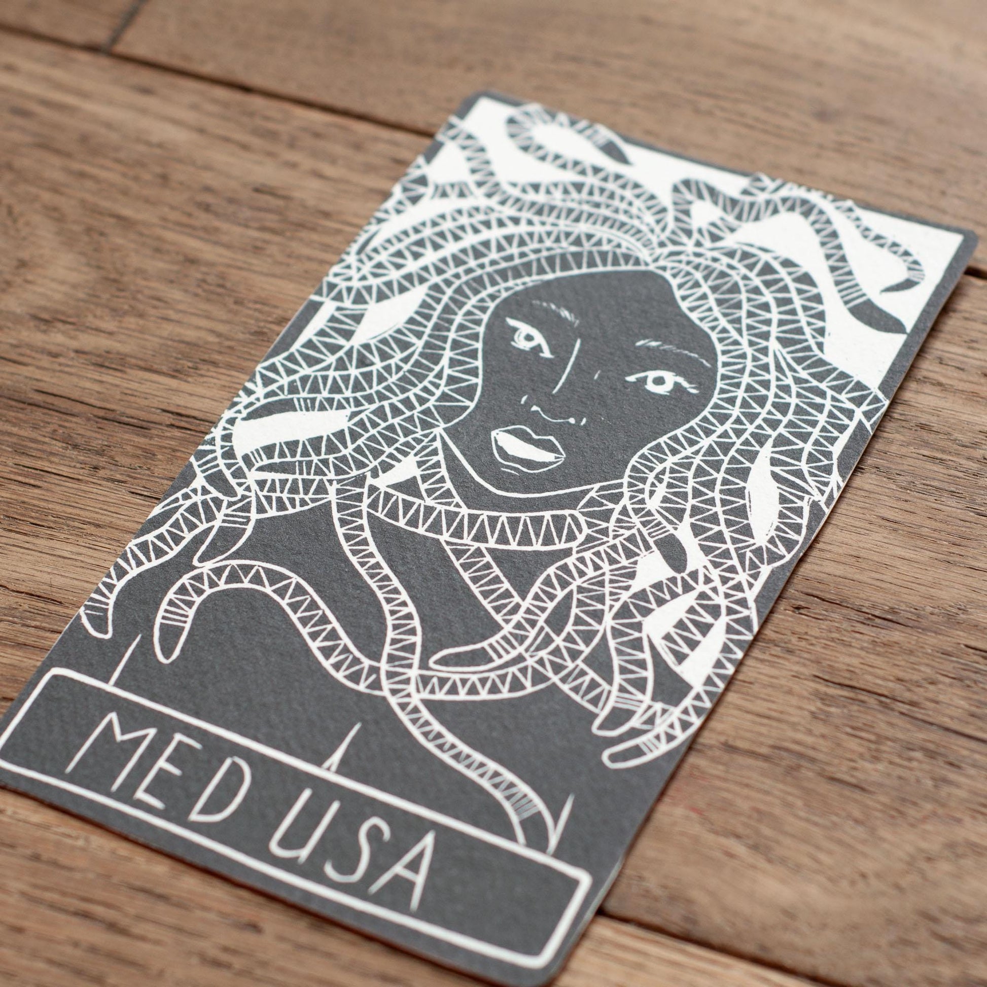 Medusa, Greek Goddess oracle cards handmade linocut art, eco-friendly gifts.