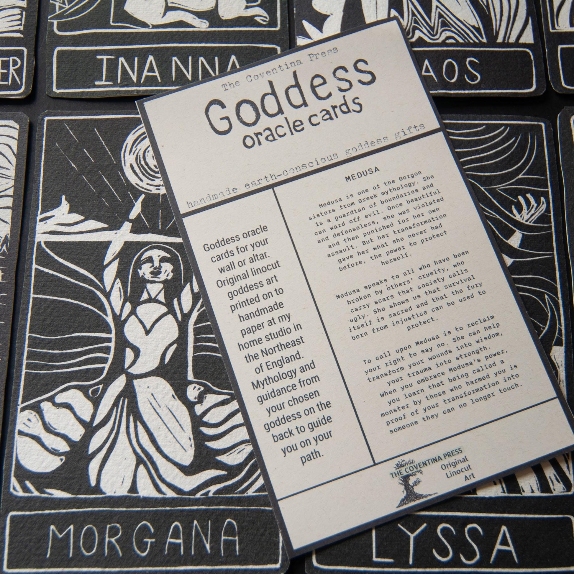 Medusa, Greek Goddess oracle cards handmade linocut art, eco-friendly gifts.