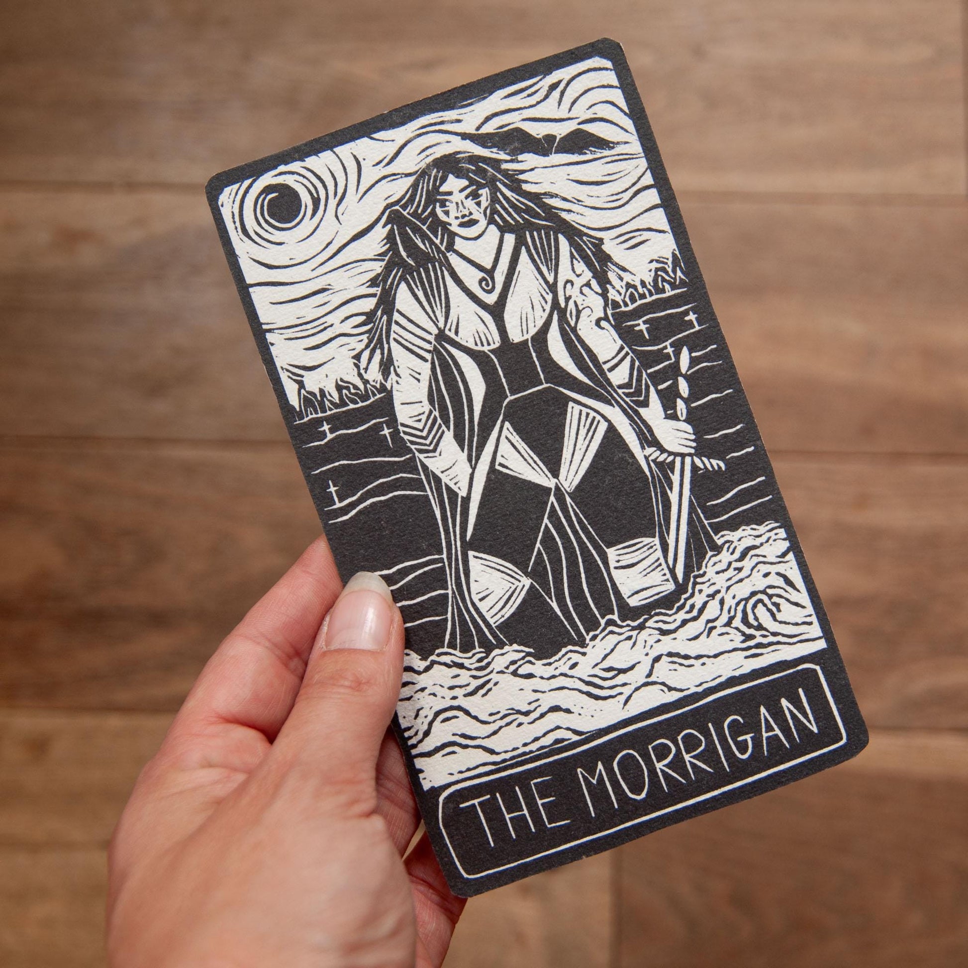 Morrigan Celtic Goddess | Goddess Oracle card with goddess guidance handmade linocut art, eco-friendly gifts.
