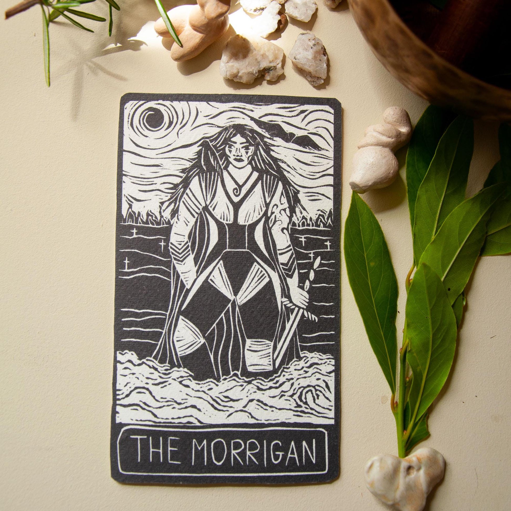 Morrigan Celtic Goddess | Goddess Oracle card with goddess guidance handmade linocut art, eco-friendly gifts.