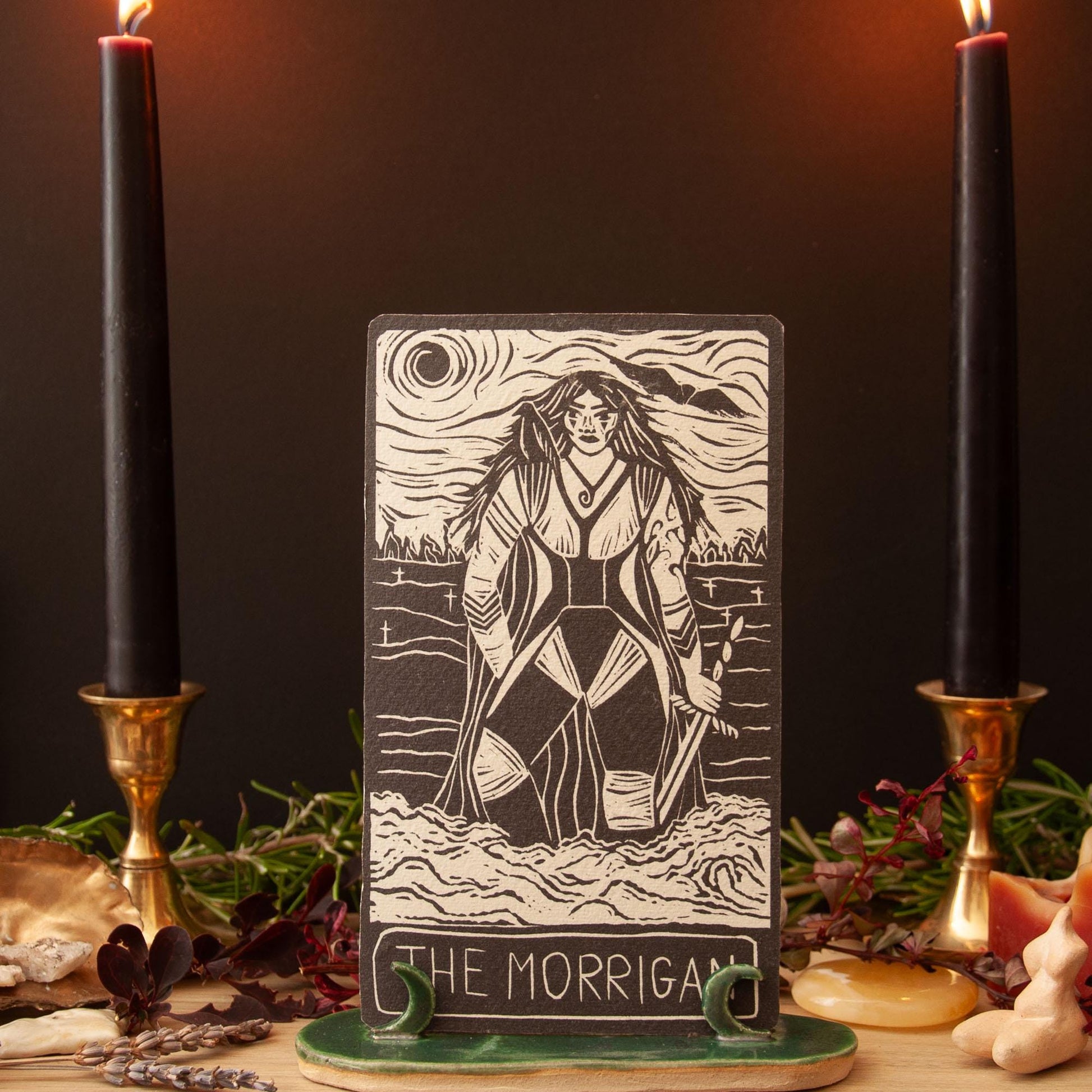 Morrigan Celtic Goddess | Goddess Oracle card with goddess guidance handmade linocut art, eco-friendly gifts.