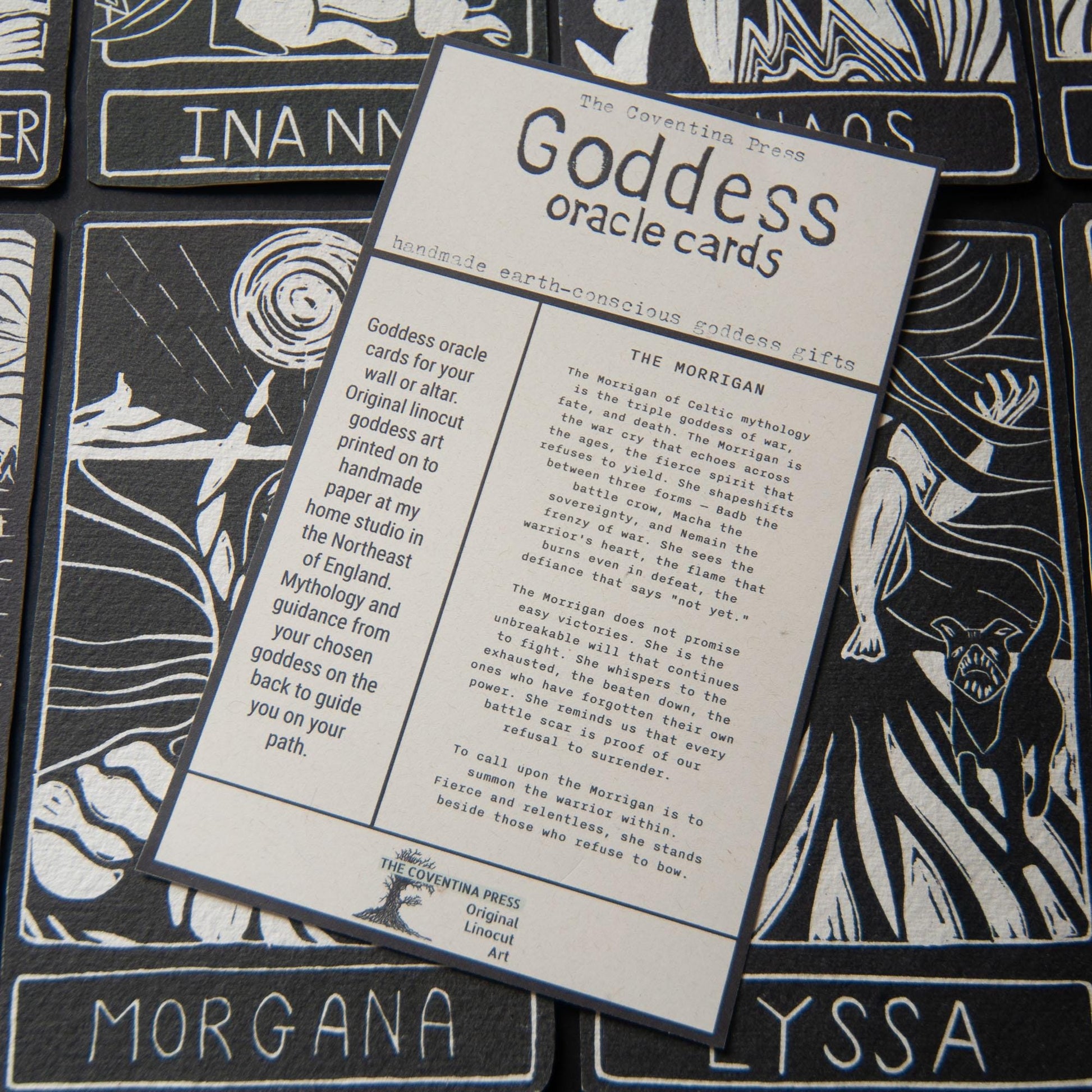 Morrigan Celtic Goddess | Goddess Oracle card with goddess guidance handmade linocut art, eco-friendly gifts.