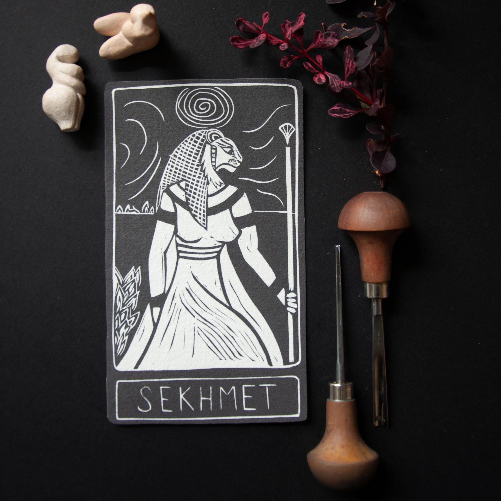 Sekhmet, Egyptian goddess of the sun, chaos and war. Goddess guidance oracle card, handmade linocut art, eco-friendly gifts.