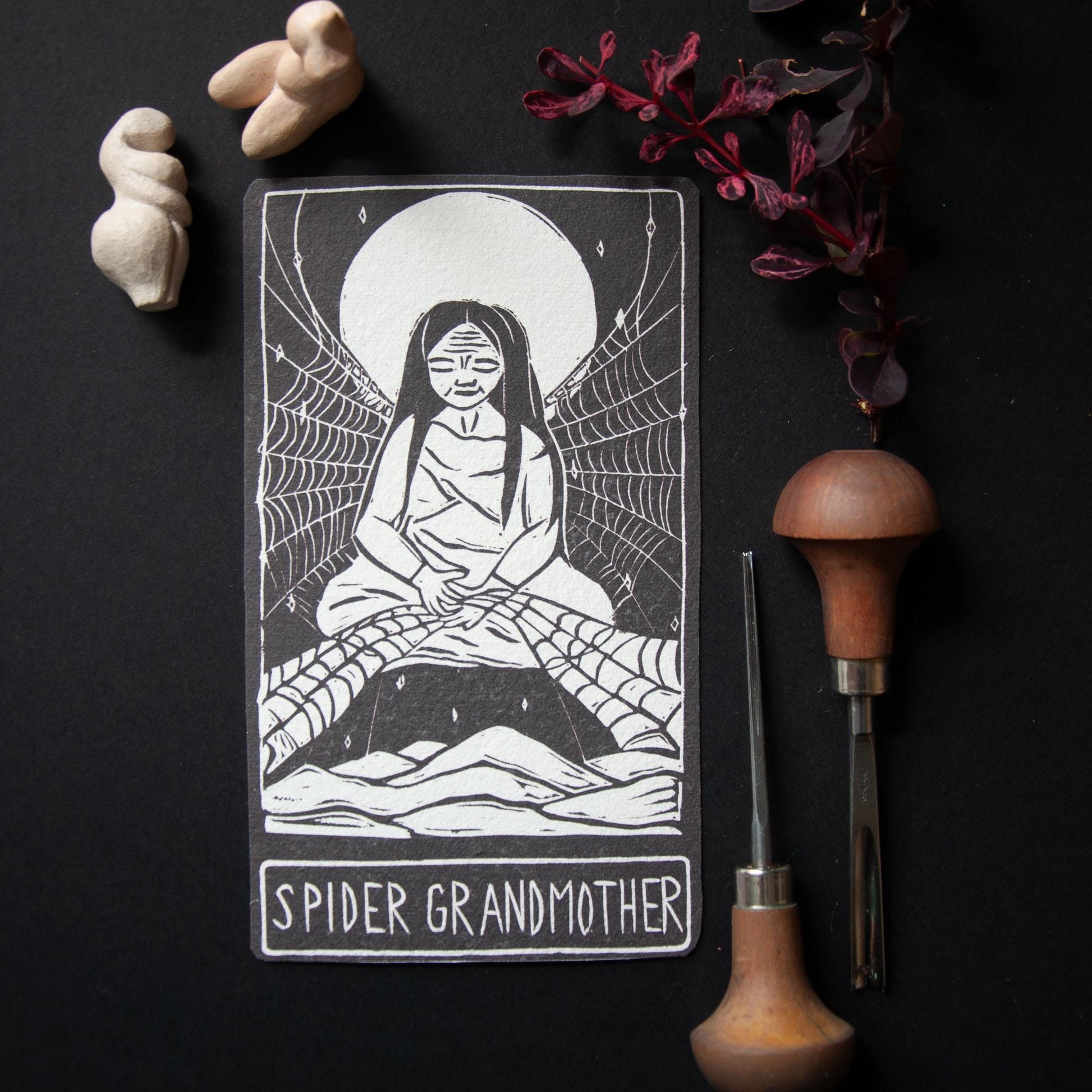 Spider Grandmother, native amercian goddess oracle cards handmade linocut art, eco-friendly gifts.