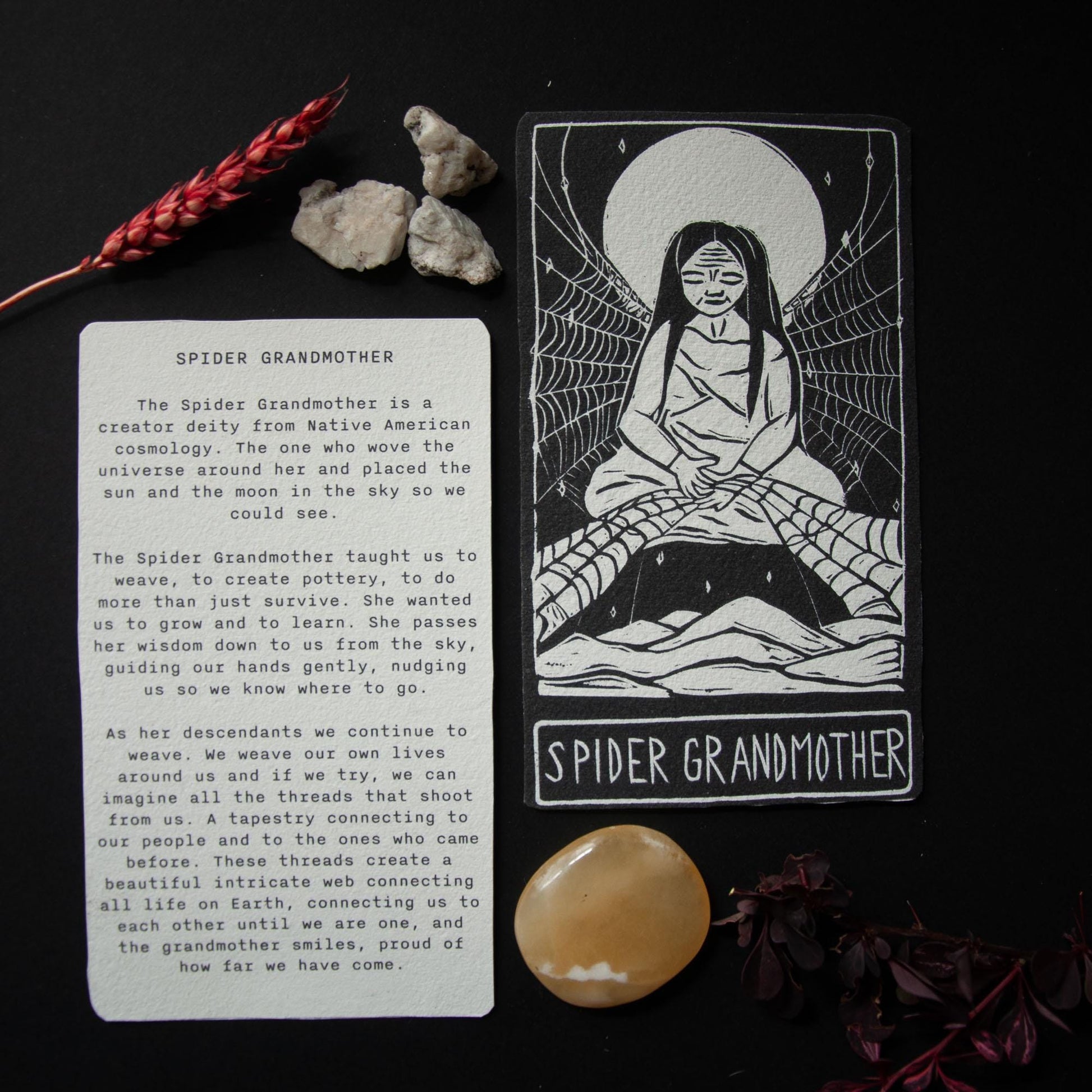 Spider Grandmother, native amercian goddess oracle cards handmade linocut art, eco-friendly gifts.