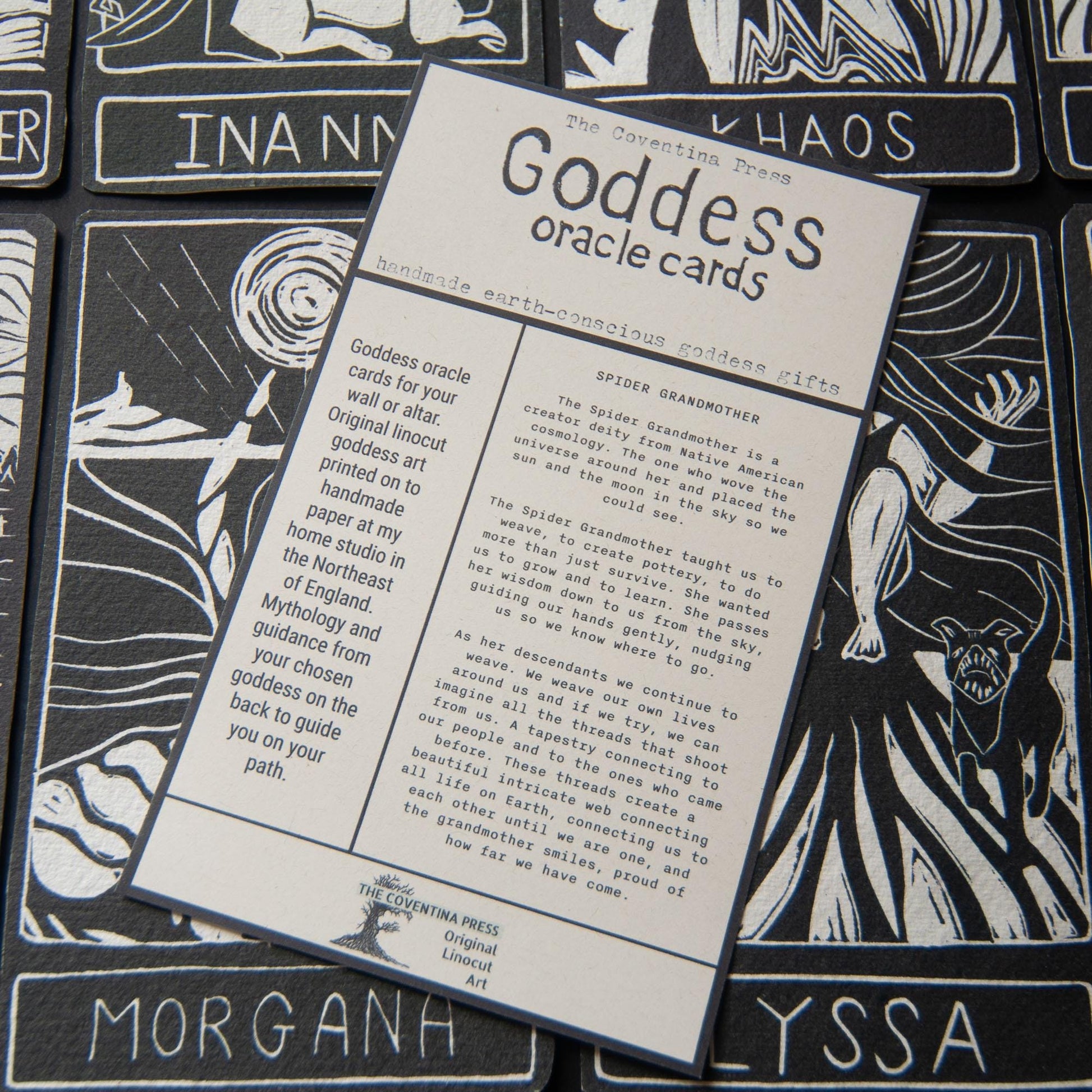 Spider Grandmother, native amercian goddess oracle cards handmade linocut art, eco-friendly gifts.