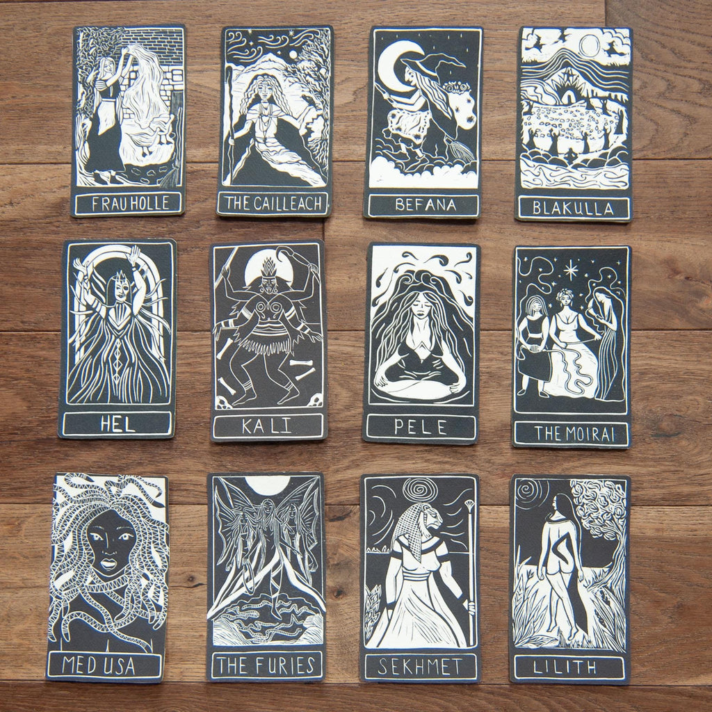 Frau Holle, Holda, Germanic goddess of domestic arts and winter Goddess guidance crone oracle card,  handmade linocut art.