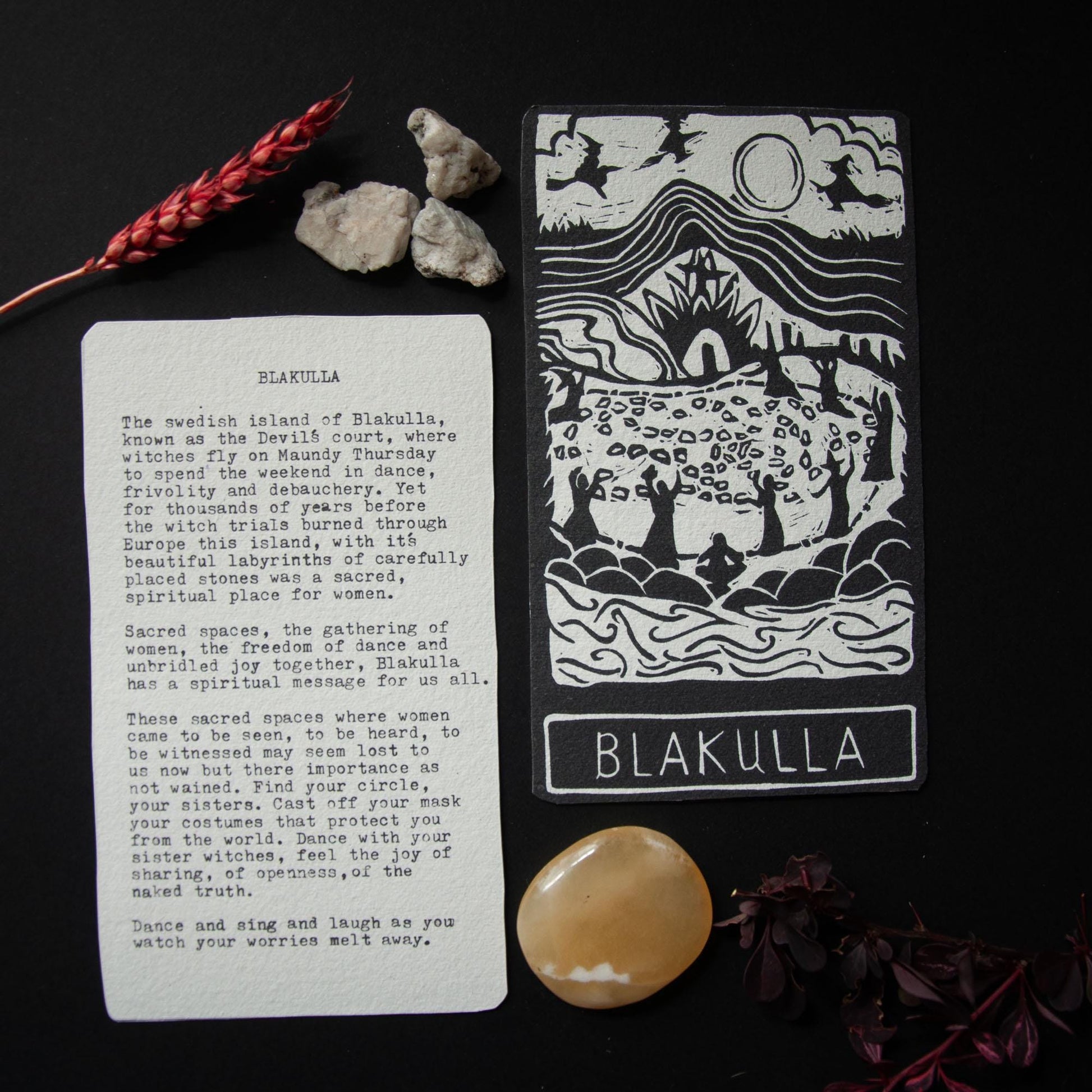 Blakulla altar card | Goddess oracle card | handmade linocut art, eco-friendly gifts.
