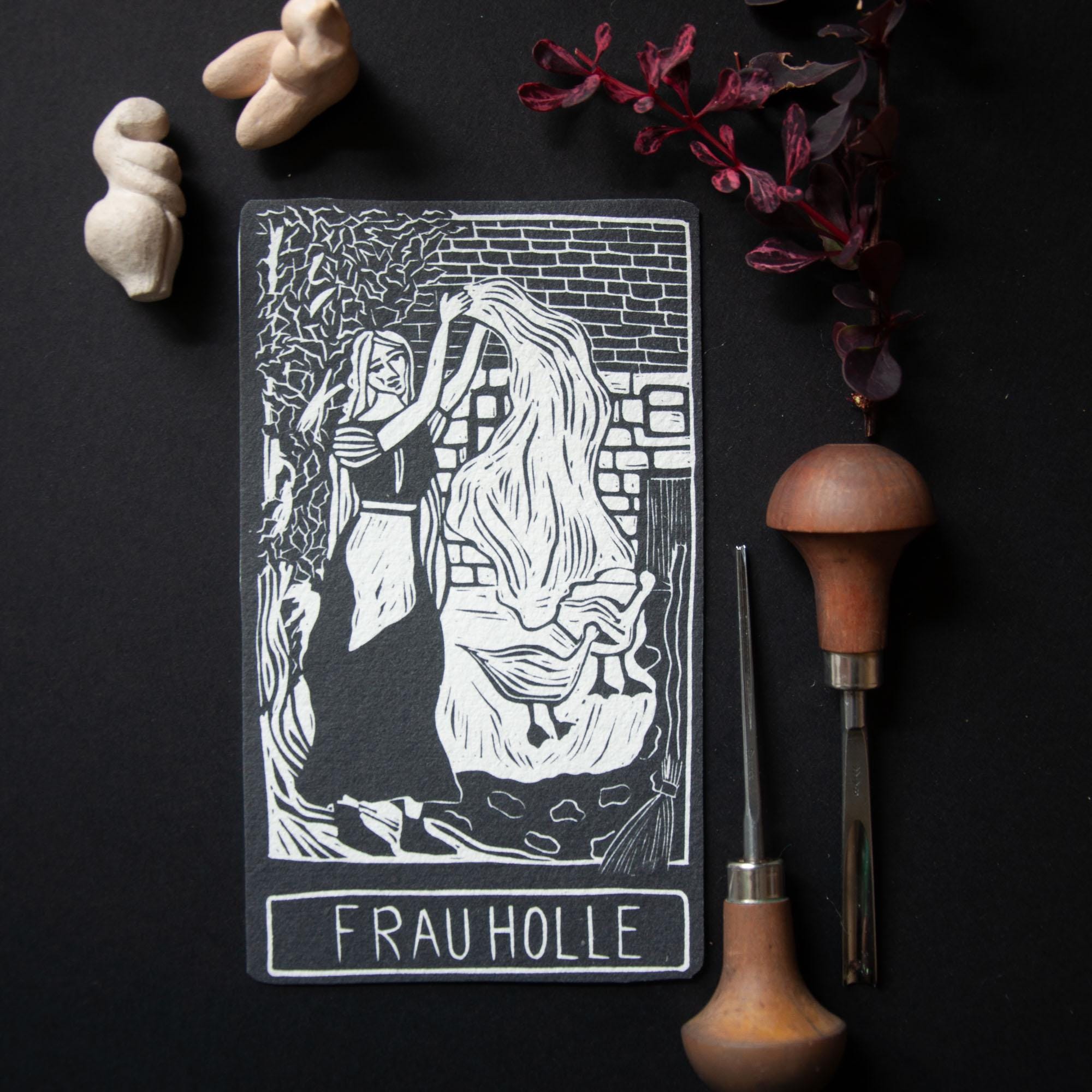 Frau Holle, Holda, Germanic goddess of domestic arts and winter Goddess guidance crone oracle card,  handmade linocut art.