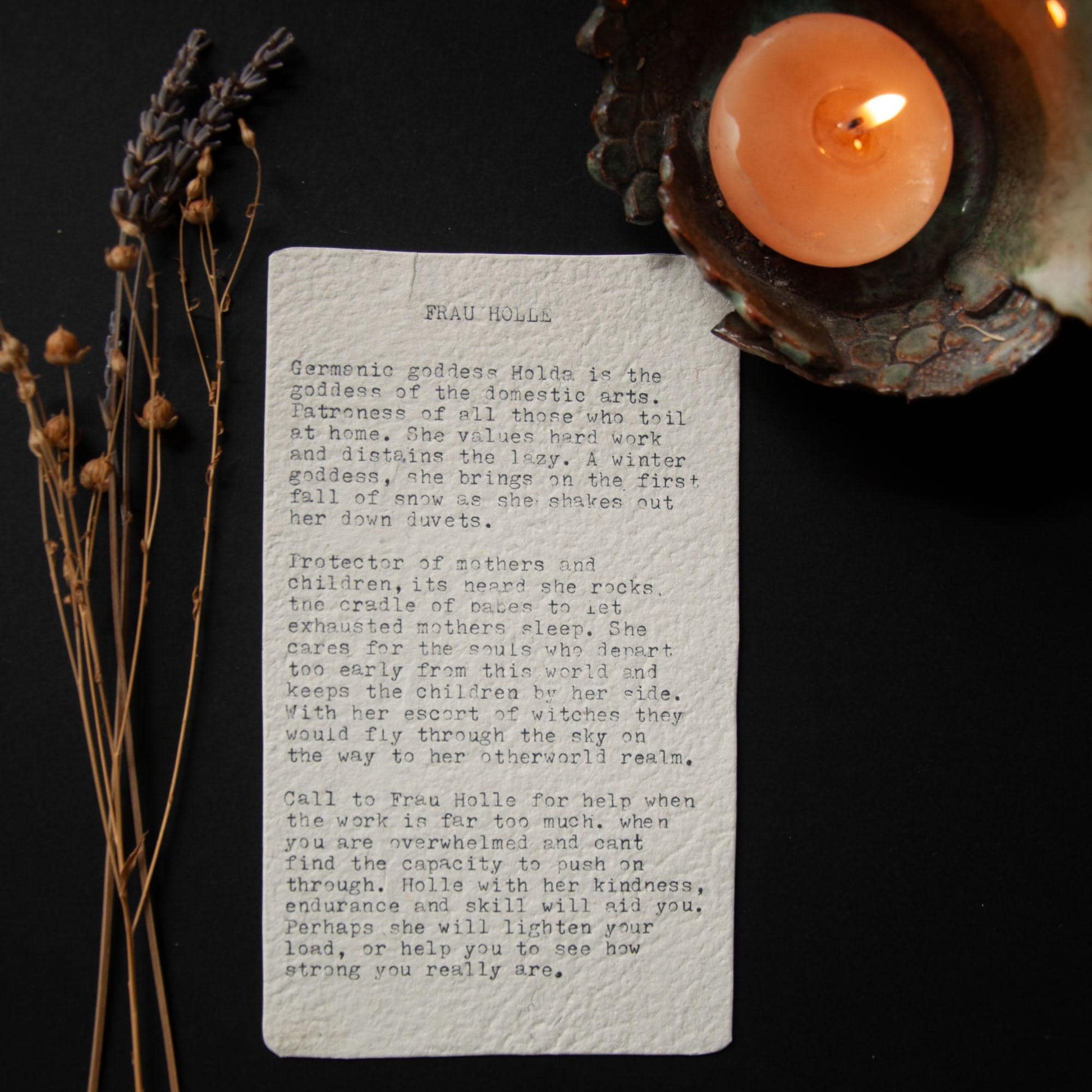 Frau Holle, Holda, Germanic goddess of domestic arts and winter Goddess guidance crone oracle card,  handmade linocut art.