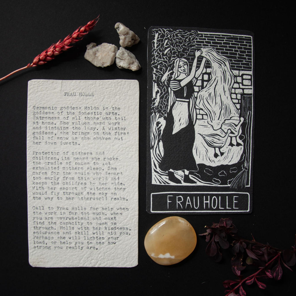 Frau Holle, Holda, Germanic goddess of domestic arts and winter Goddess guidance crone oracle card,  handmade linocut art.