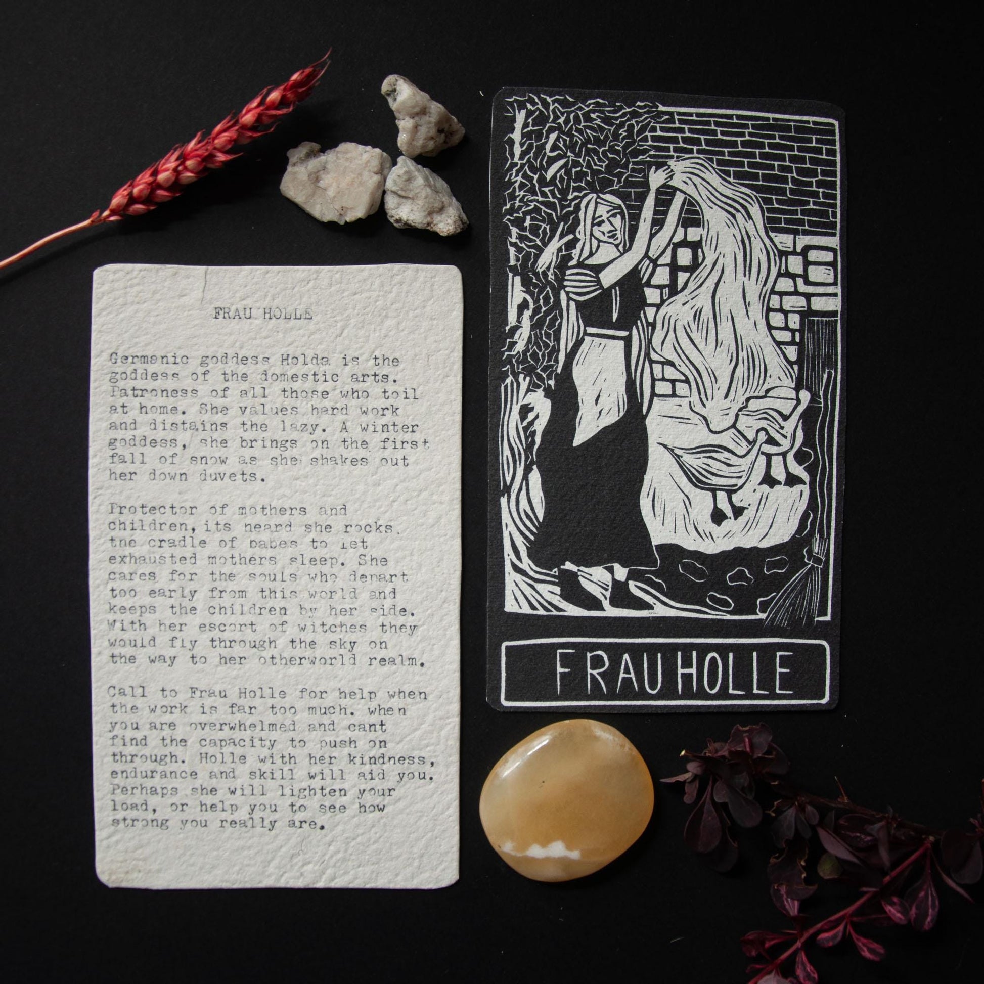 Frau Holle, Holda, Germanic goddess of domestic arts and winter Goddess guidance crone oracle card,  handmade linocut art.