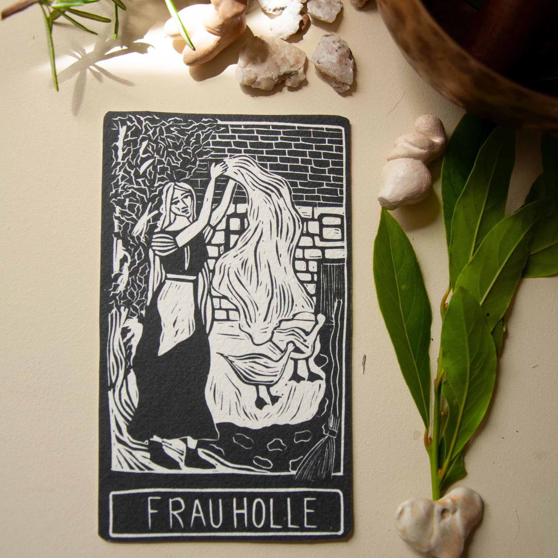 Frau Holle, Holda, Germanic goddess of domestic arts and winter Goddess guidance crone oracle card,  handmade linocut art.