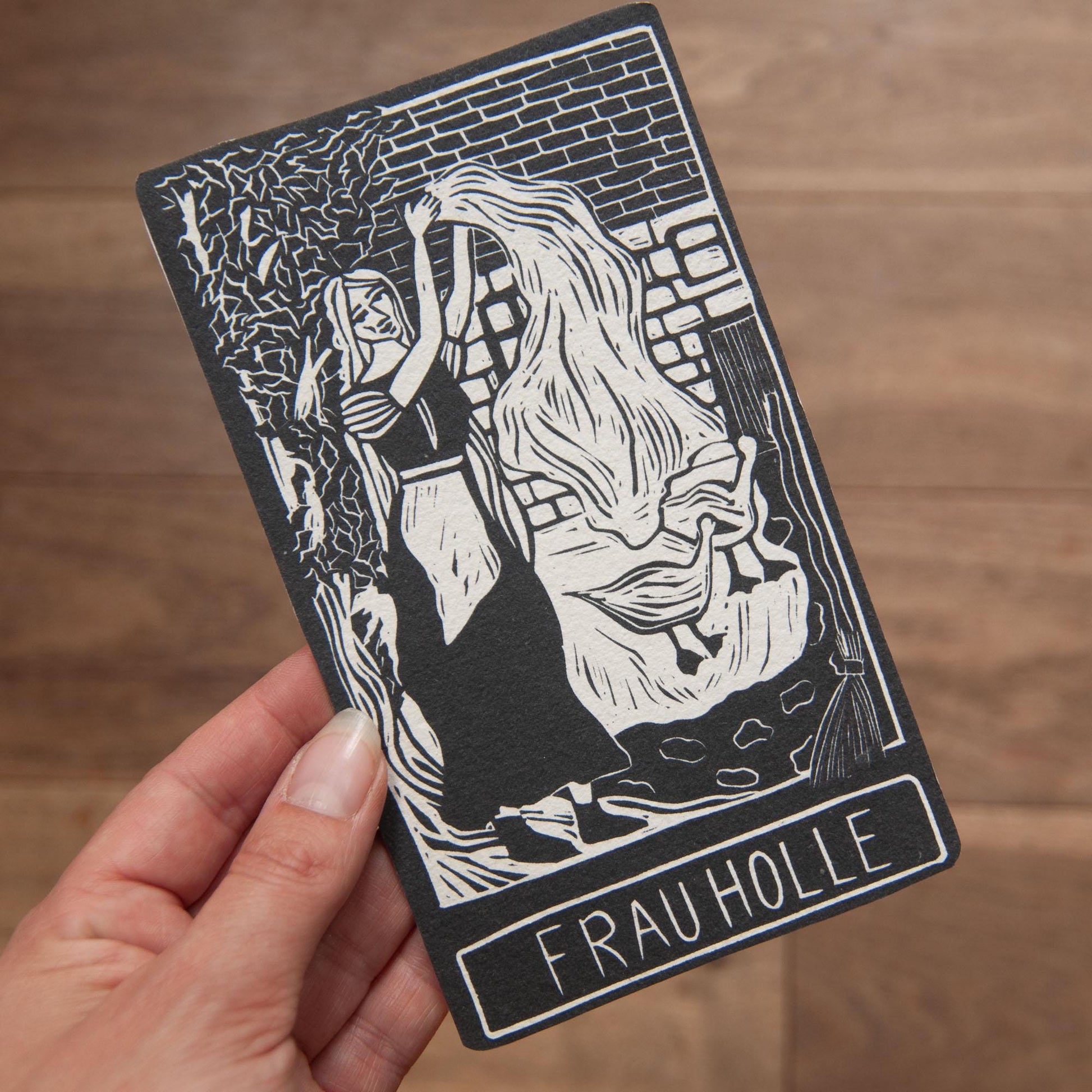 Frau Holle, Holda, Germanic goddess of domestic arts and winter Goddess guidance crone oracle card,  handmade linocut art.