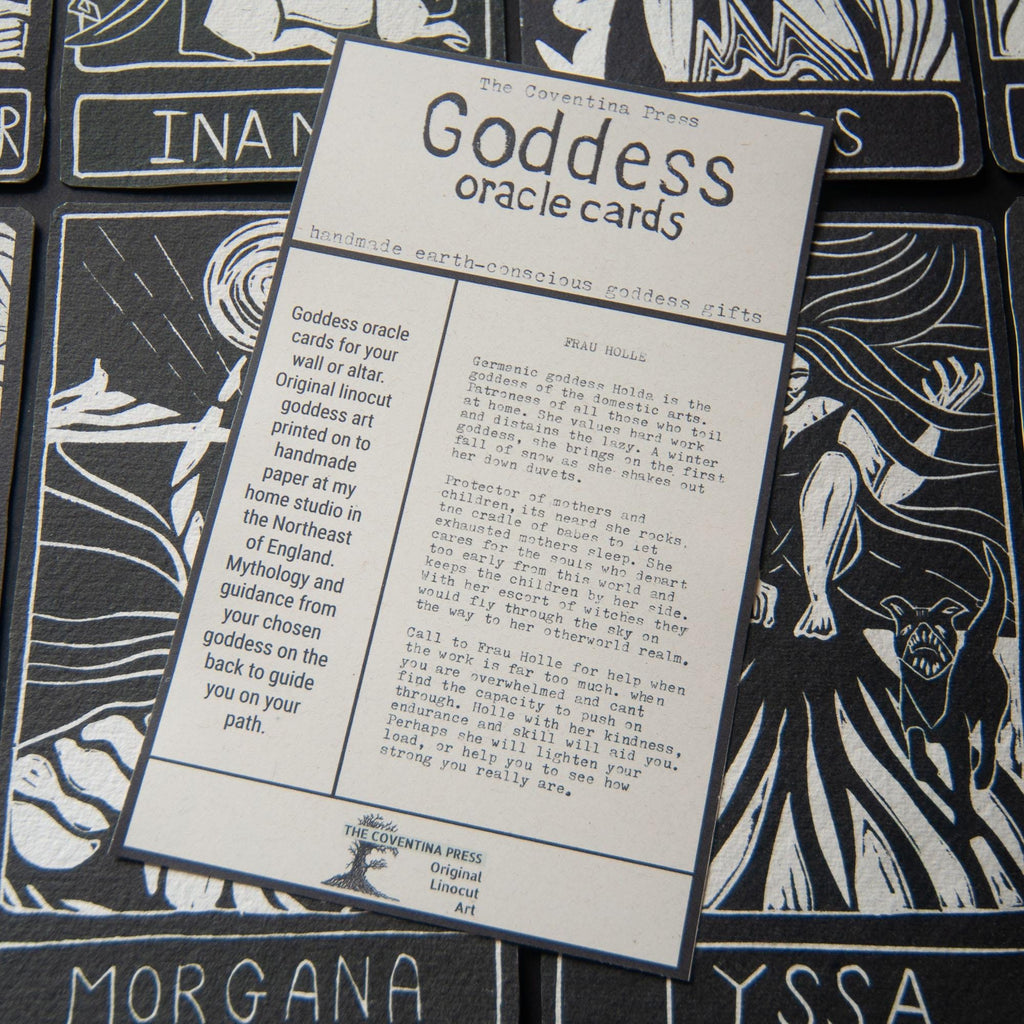 Frau Holle, Holda, Germanic goddess of domestic arts and winter Goddess guidance crone oracle card,  handmade linocut art.