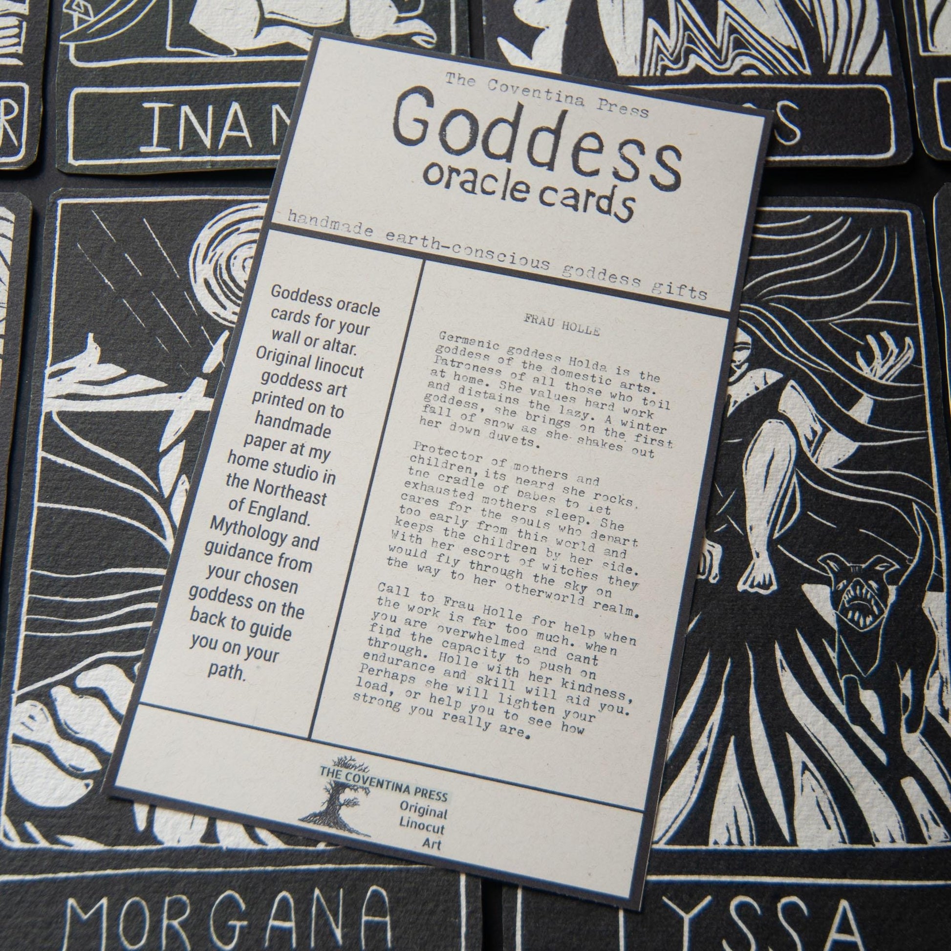 Frau Holle, Holda, Germanic goddess of domestic arts and winter Goddess guidance crone oracle card,  handmade linocut art.