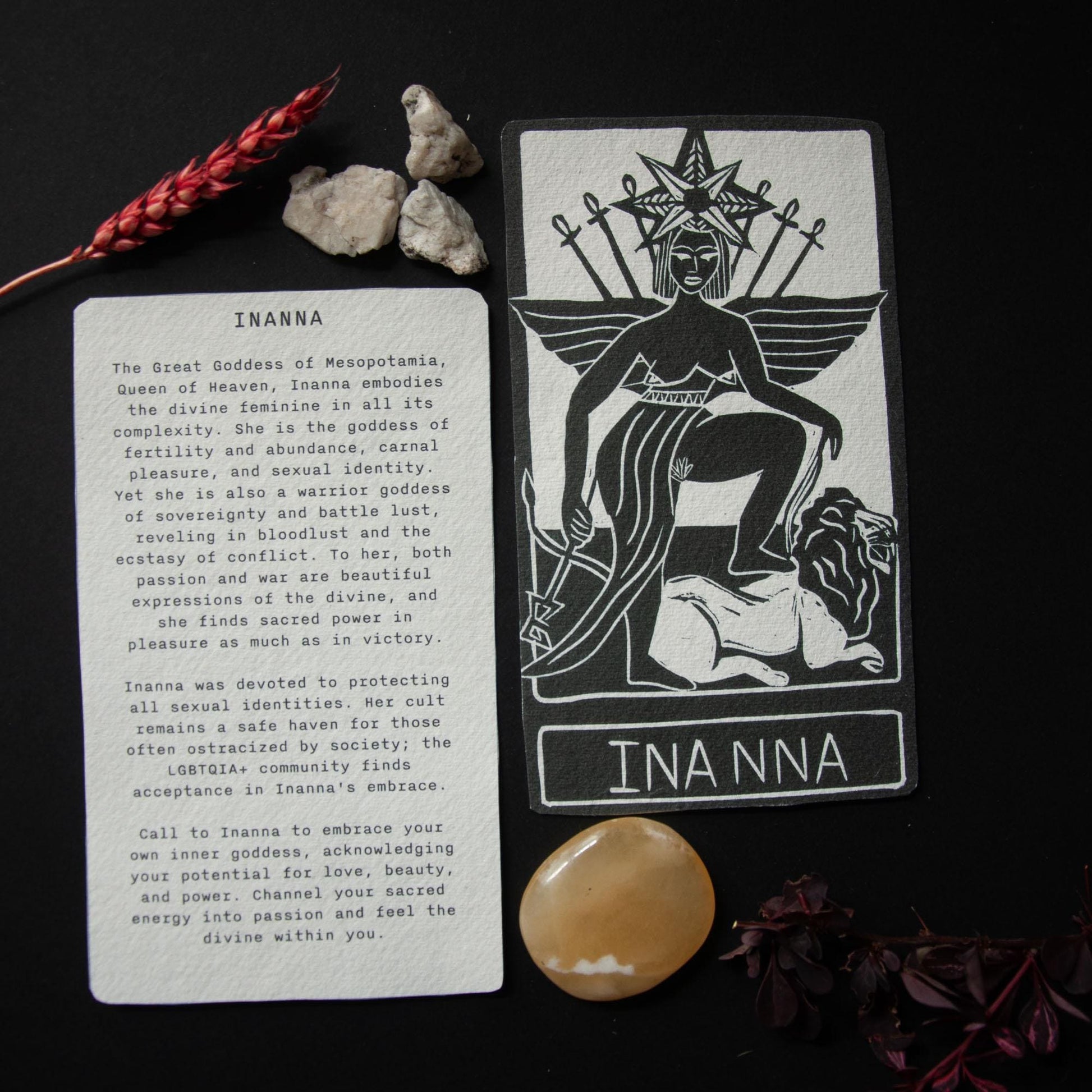 Inanna, Mesopotamian Goddess of war and love, Goddess guidance oracle card, handmade linocut art, eco-friendly gifts.