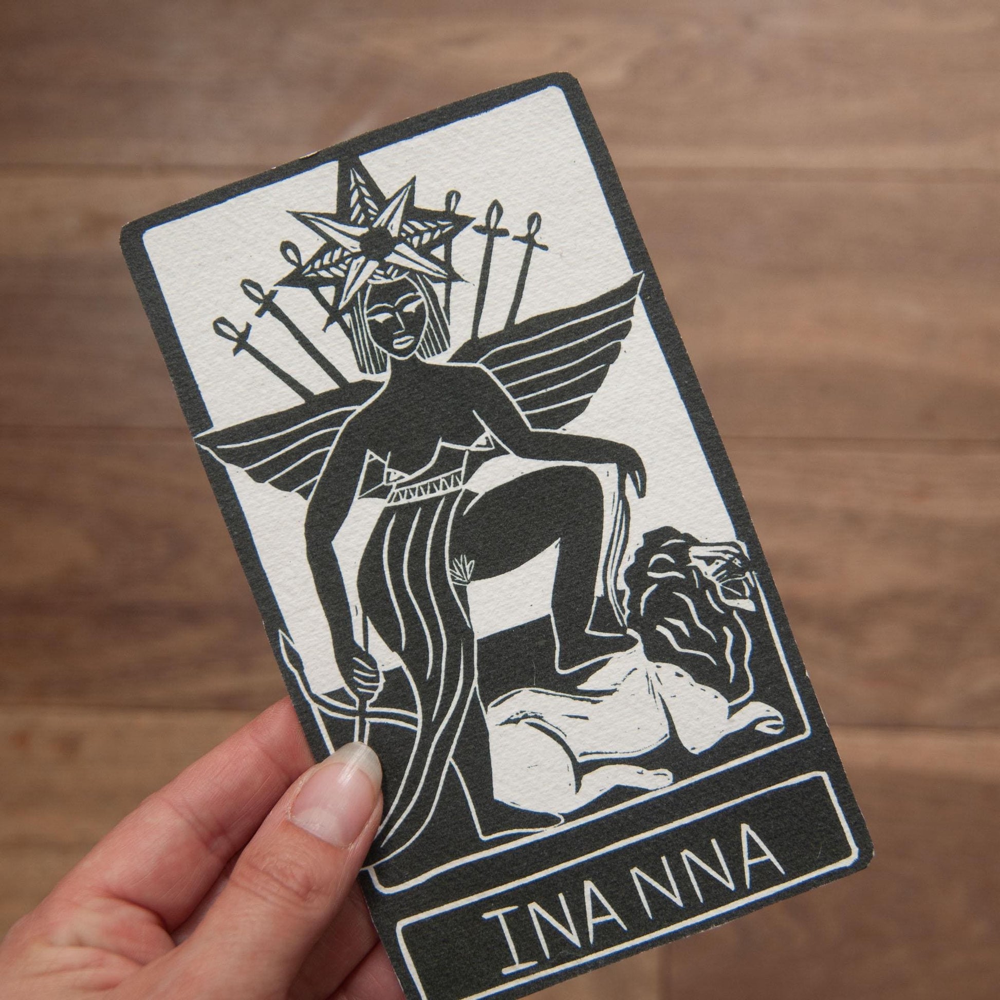 Inanna, Mesopotamian Goddess of war and love, Goddess guidance oracle card, handmade linocut art, eco-friendly gifts.