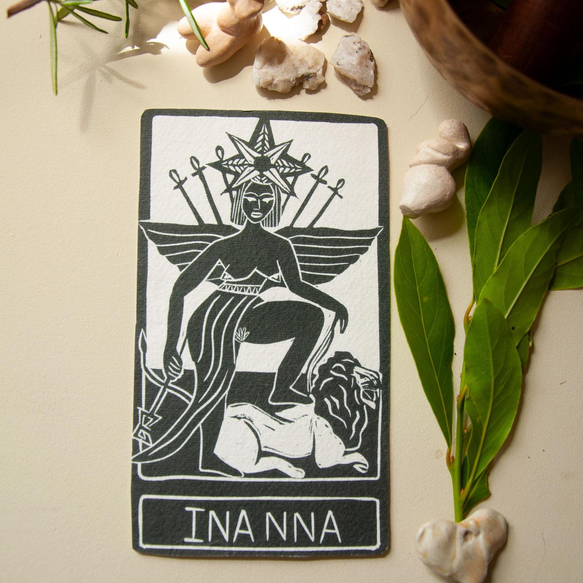 Inanna, Mesopotamian Goddess of war and love, Goddess guidance oracle card, handmade linocut art, eco-friendly gifts.