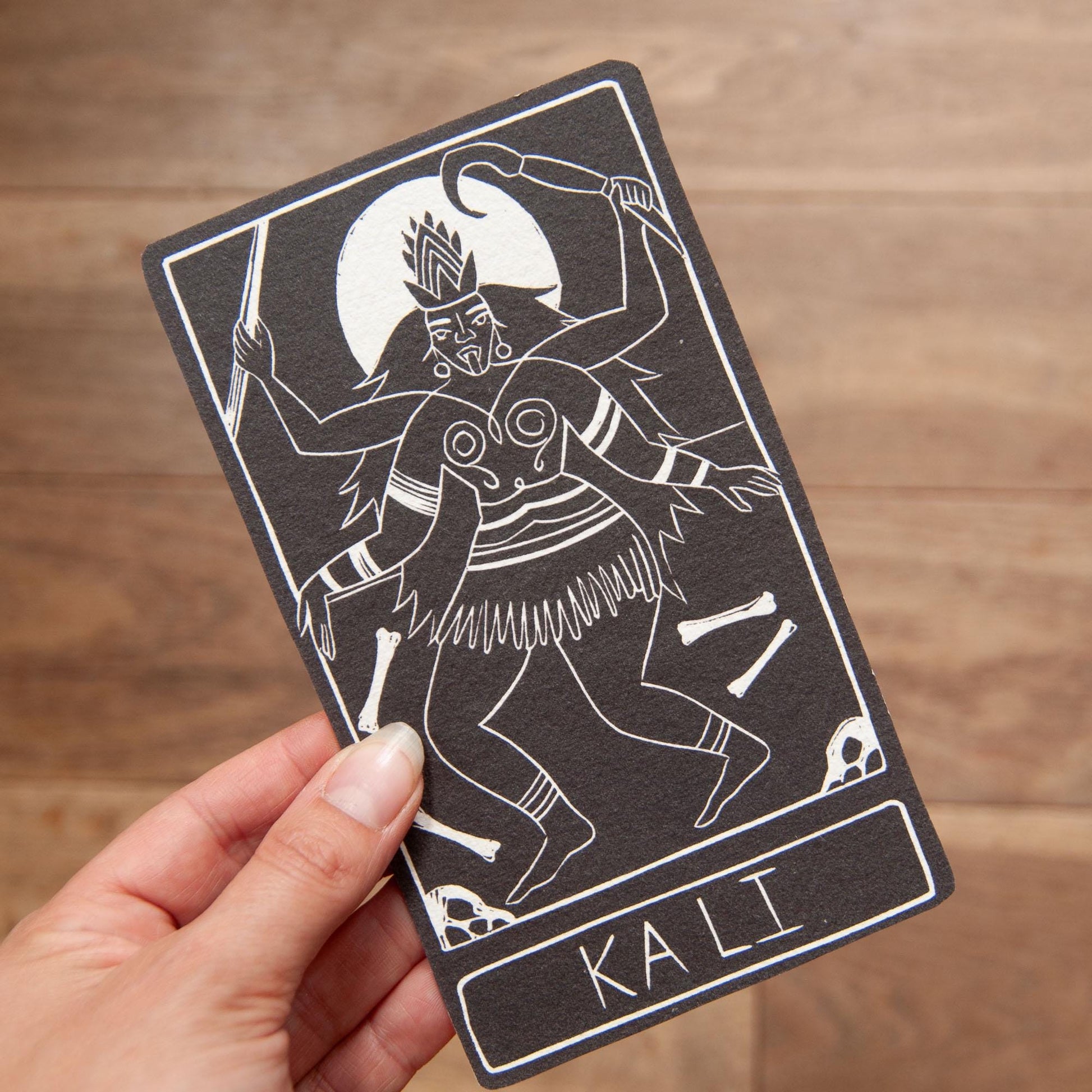Kali, Hindu Goddess of Destruction, Goddess guidance oracle card, handmade linocut art, eco-friendly gifts.