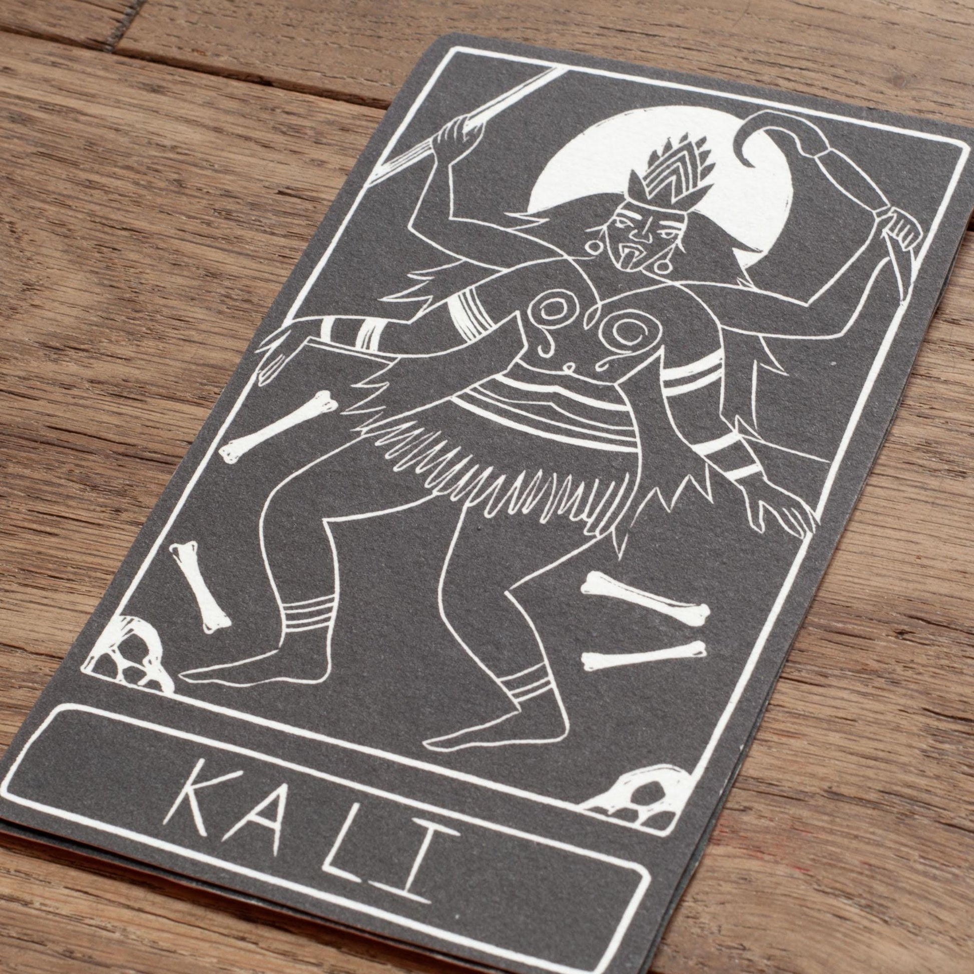Kali, Hindu Goddess of Destruction, Goddess guidance oracle card, handmade linocut art, eco-friendly gifts.