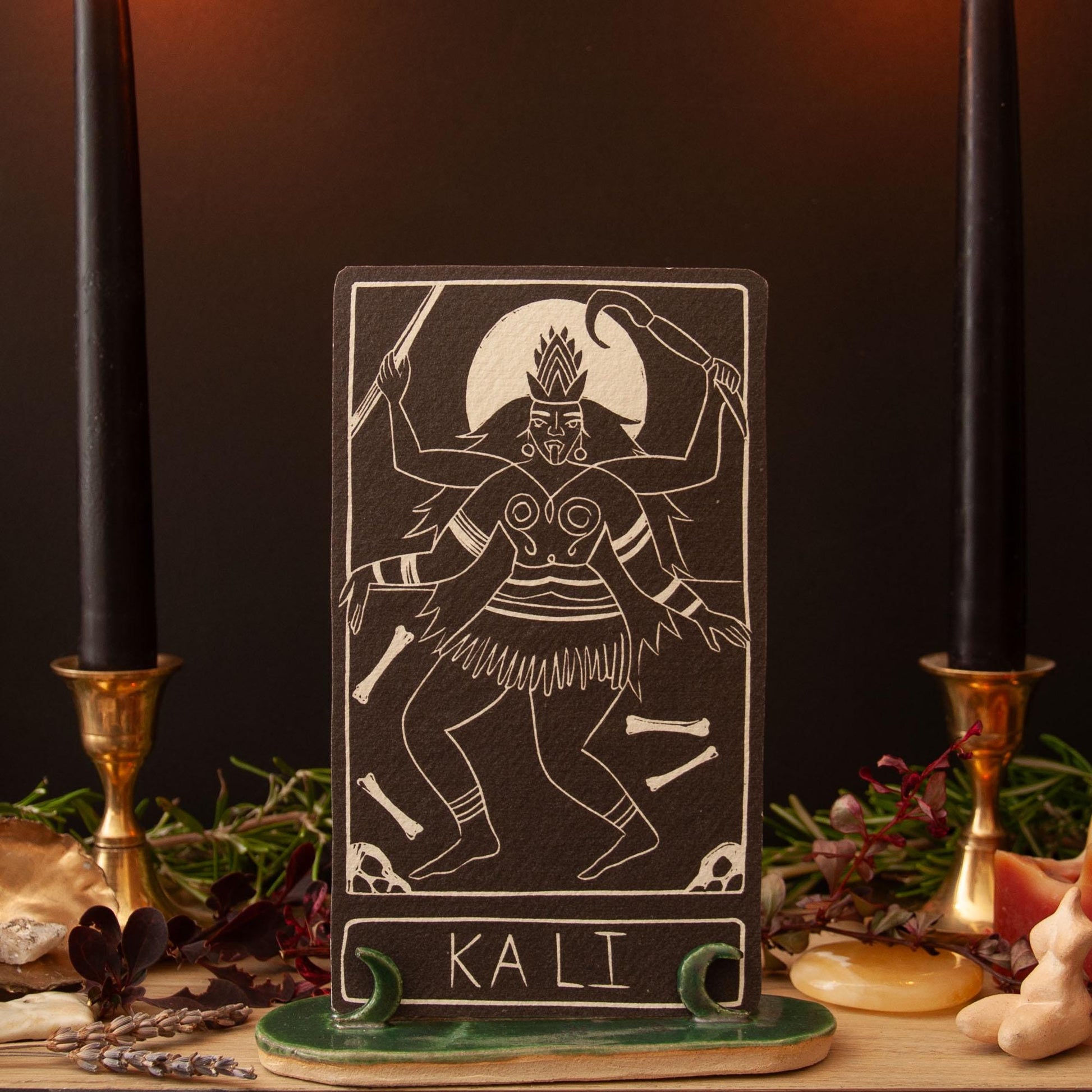 Kali, Hindu Goddess of Destruction, Goddess guidance oracle card, handmade linocut art, eco-friendly gifts.