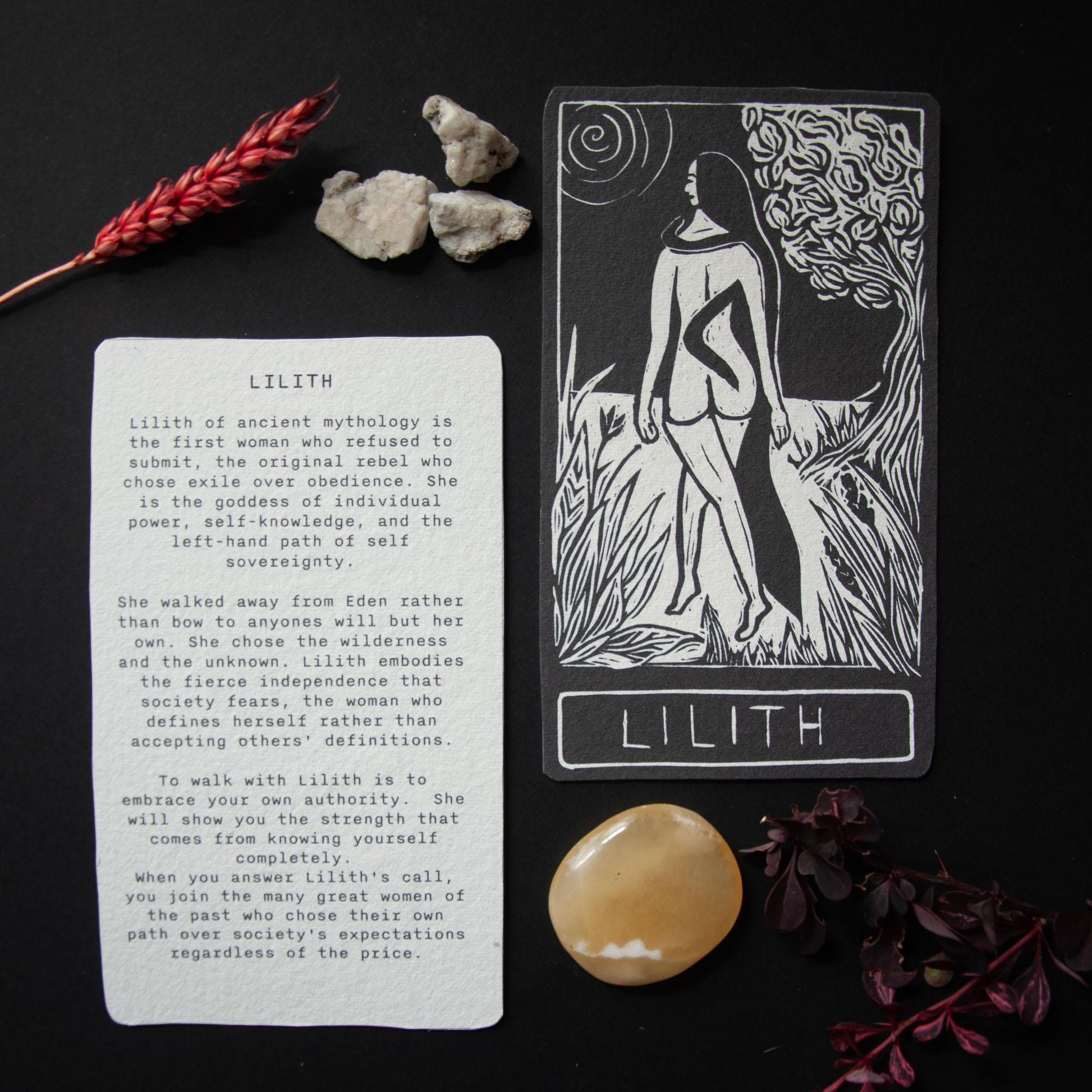 Lilith, Hebrew Goddess, the first woman, Goddess guidance oracle card, handmade linocut art, eco-friendly gifts.