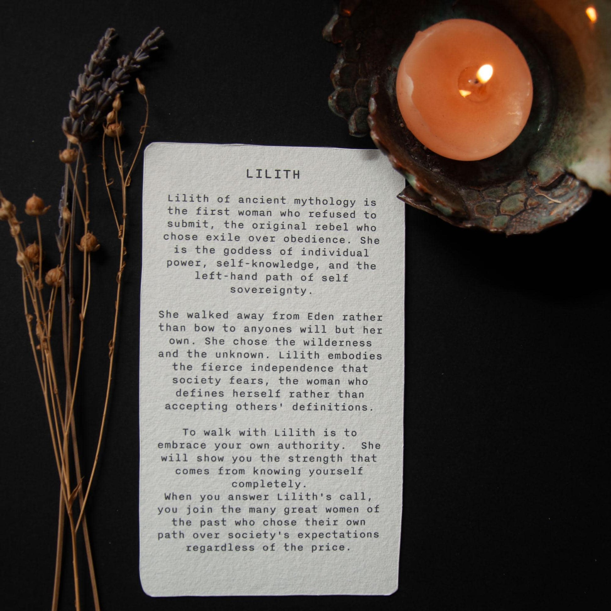 Lilith, Hebrew Goddess, the first woman, Goddess guidance oracle card, handmade linocut art, eco-friendly gifts.