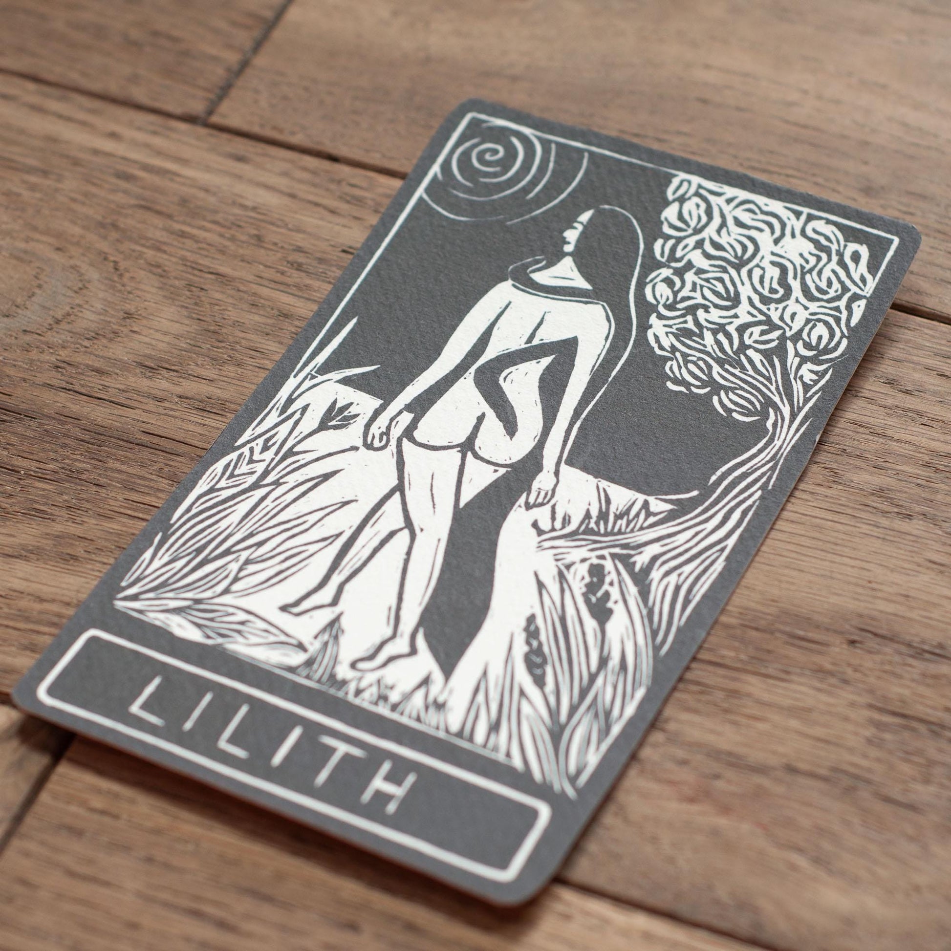 Lilith, Hebrew Goddess, the first woman, Goddess guidance oracle card, handmade linocut art, eco-friendly gifts.