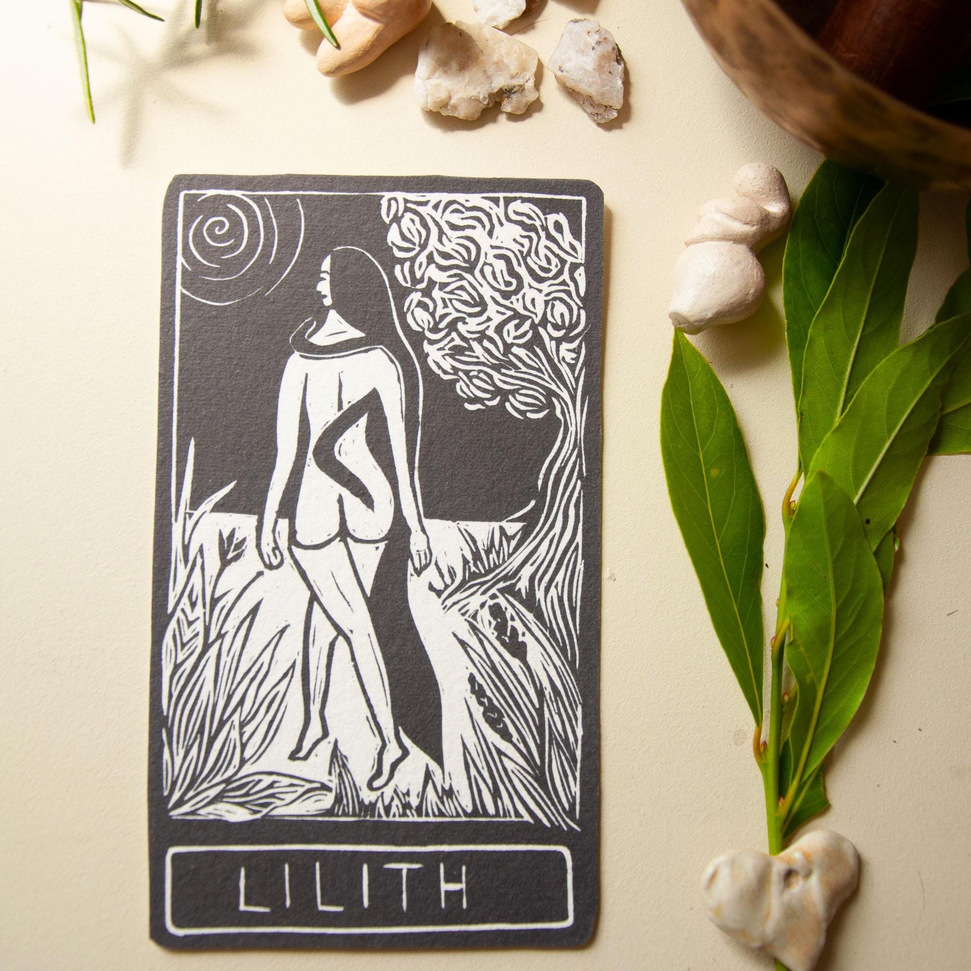 Lilith, Hebrew Goddess, the first woman, Goddess guidance oracle card, handmade linocut art, eco-friendly gifts.