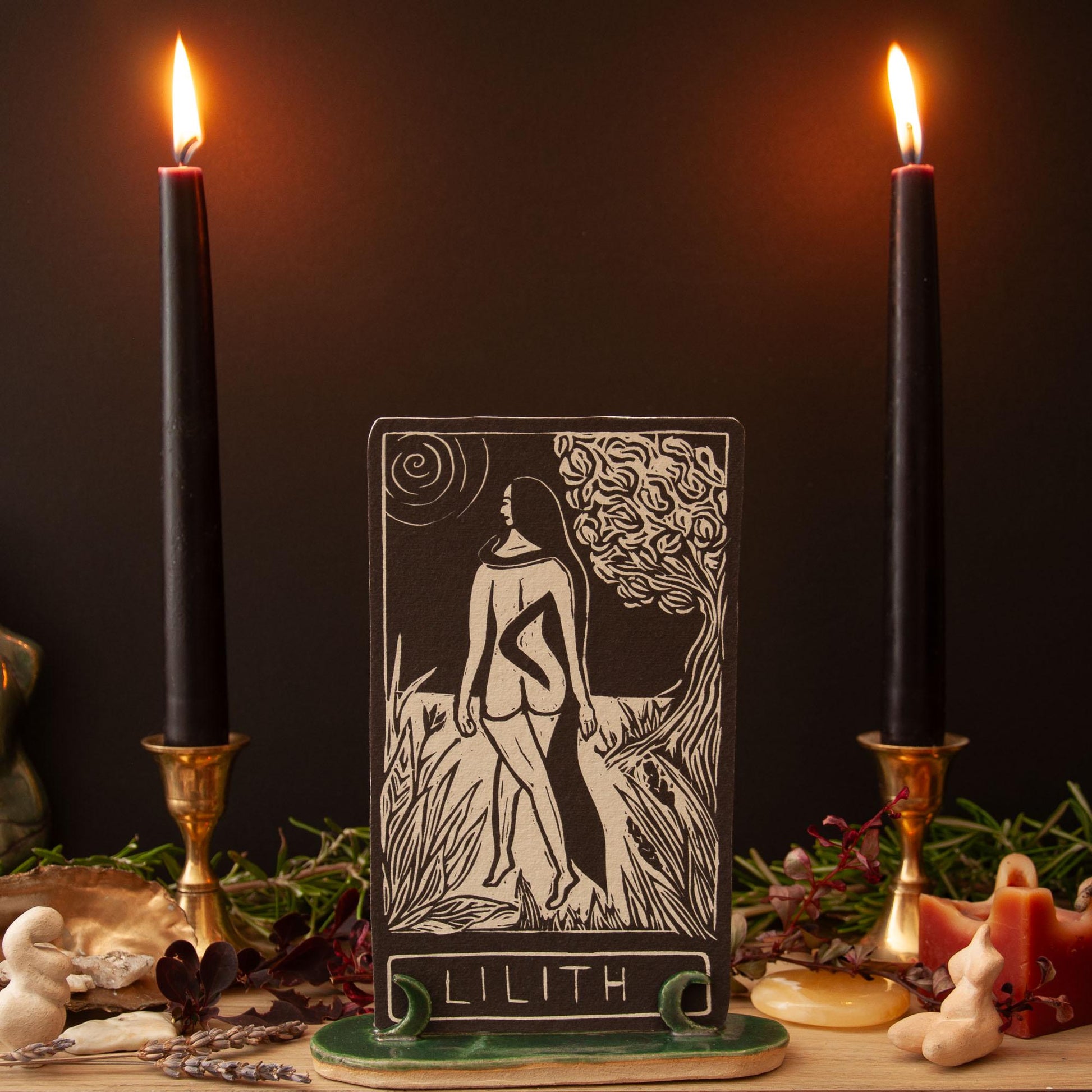 Lilith, Hebrew Goddess, the first woman, Goddess guidance oracle card, handmade linocut art, eco-friendly gifts.