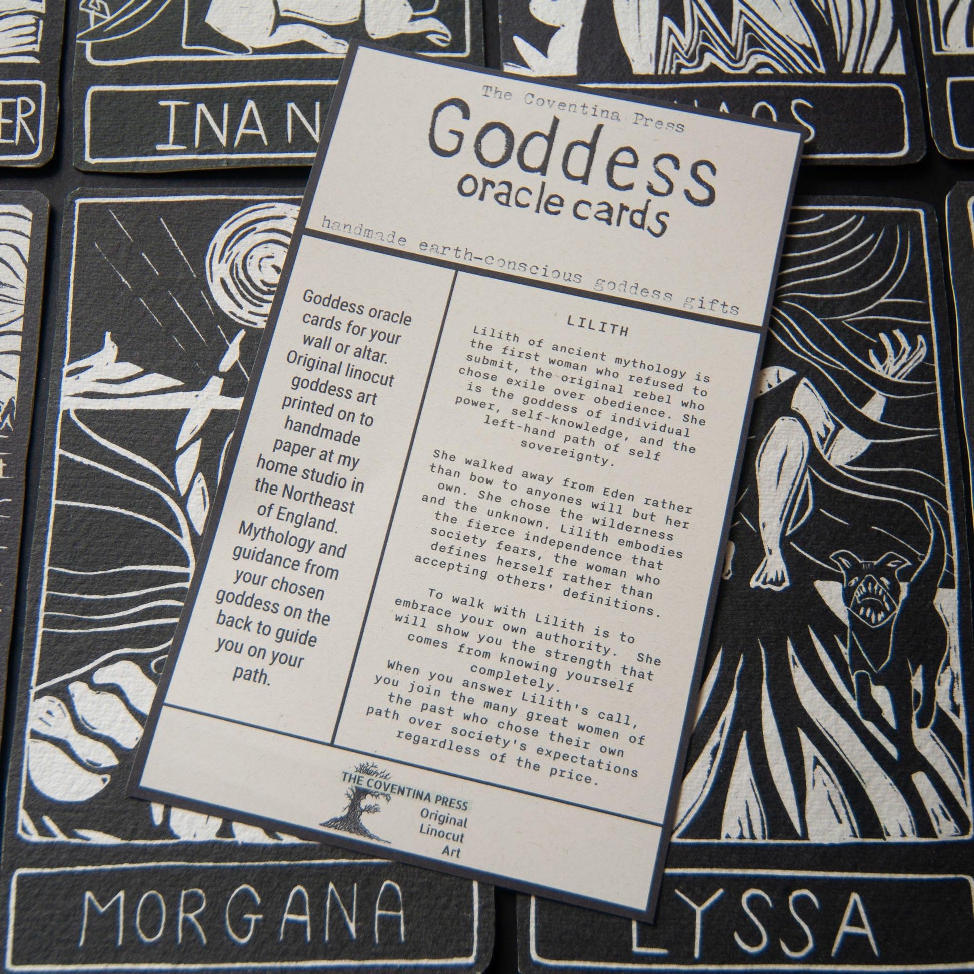 Lilith, Hebrew Goddess, the first woman, Goddess guidance oracle card, handmade linocut art, eco-friendly gifts.