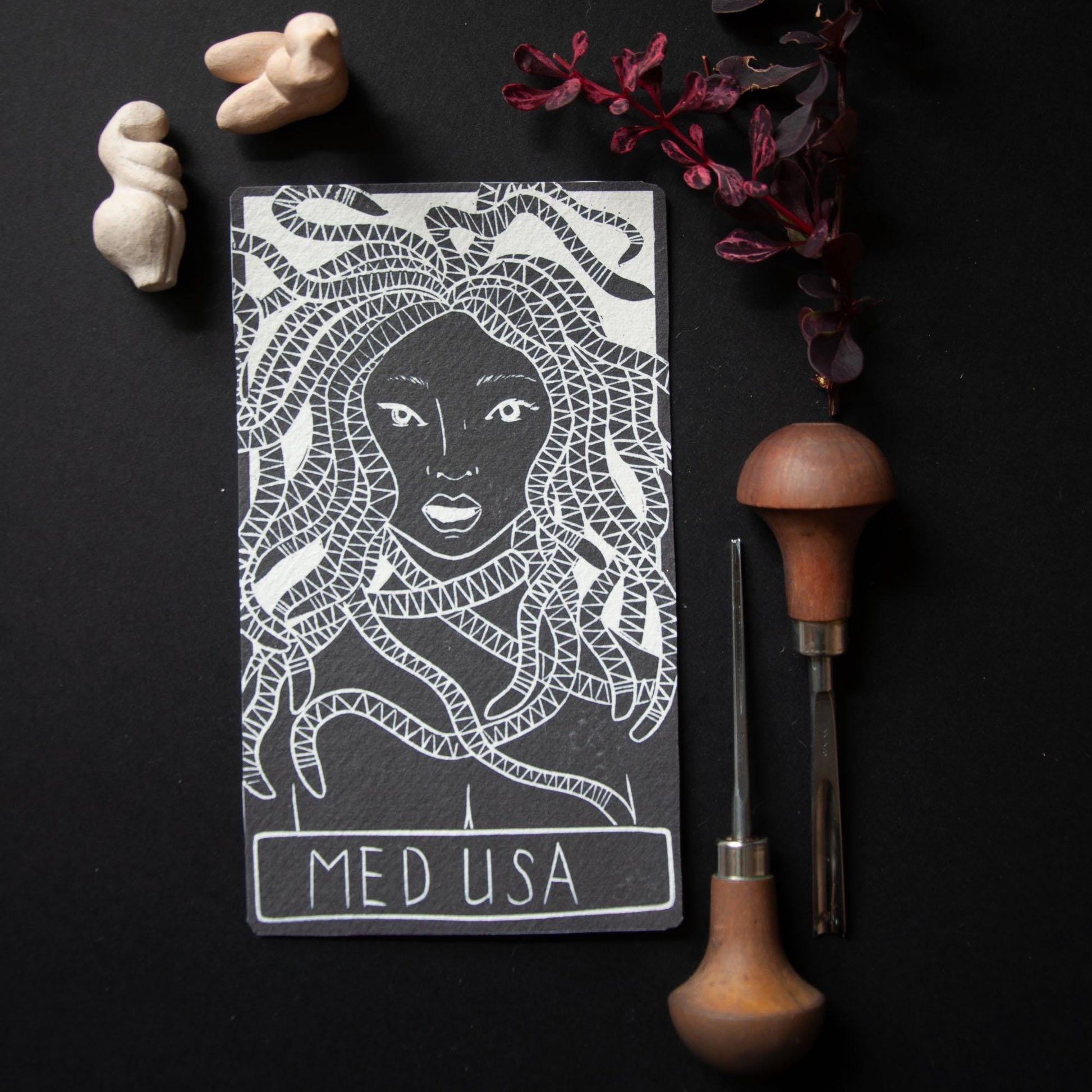 Medusa, Greek Goddess oracle cards handmade linocut art, eco-friendly gifts.