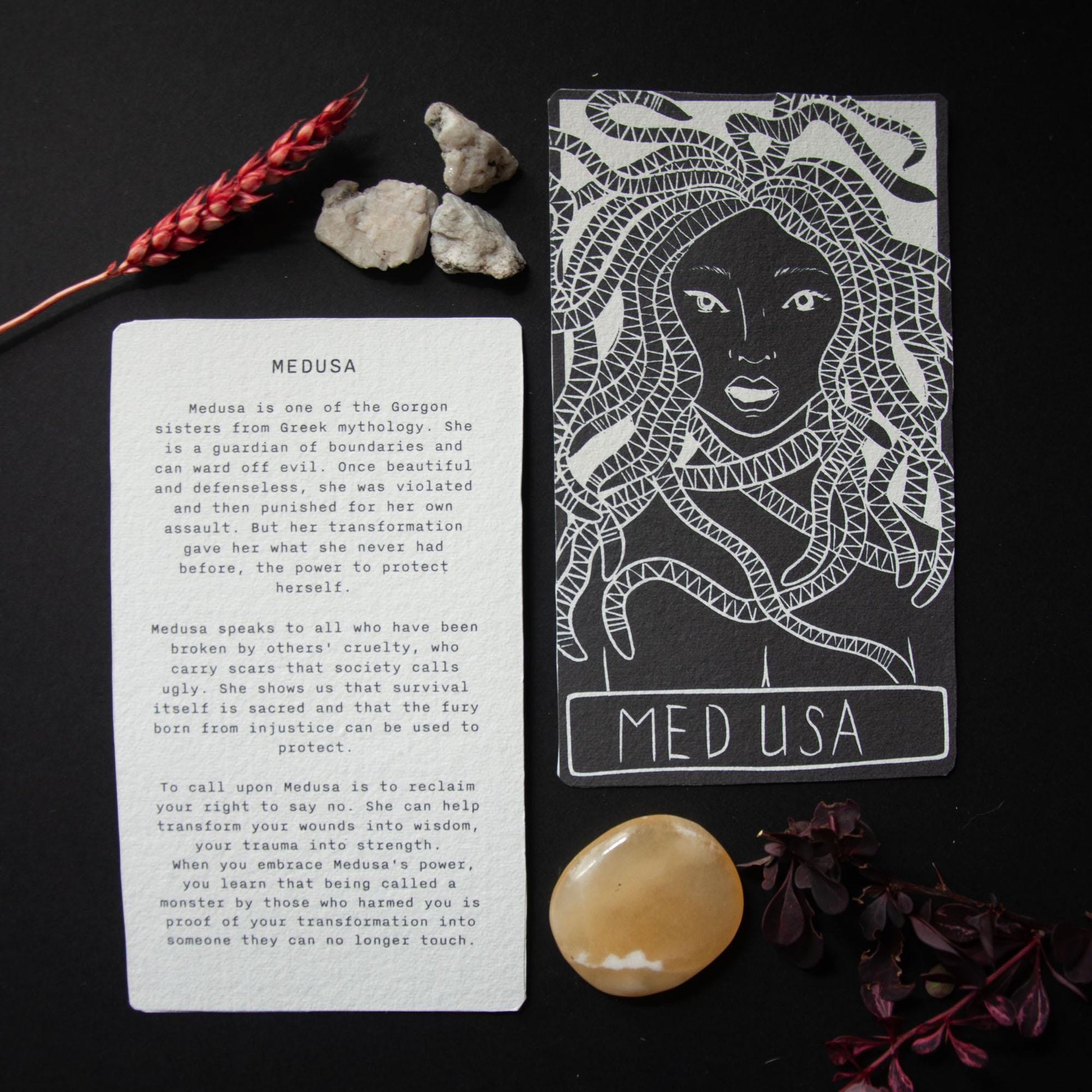 Medusa, Greek Goddess oracle cards handmade linocut art, eco-friendly gifts.