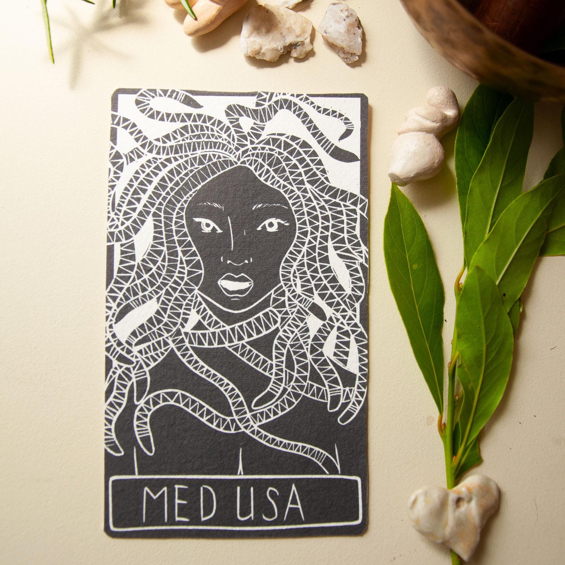 Medusa, Greek Goddess oracle cards handmade linocut art, eco-friendly gifts.
