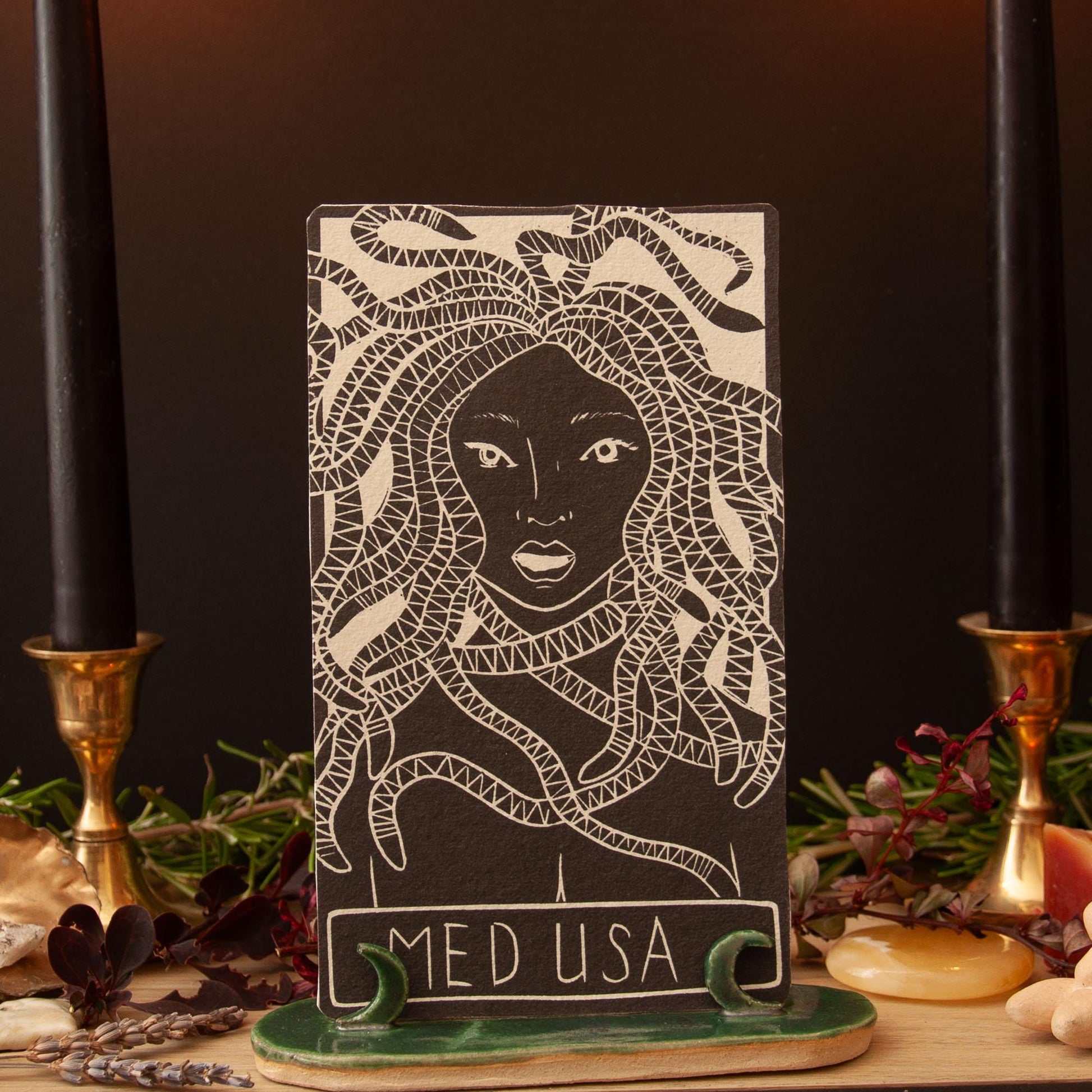 Medusa, Greek Goddess oracle cards handmade linocut art, eco-friendly gifts.
