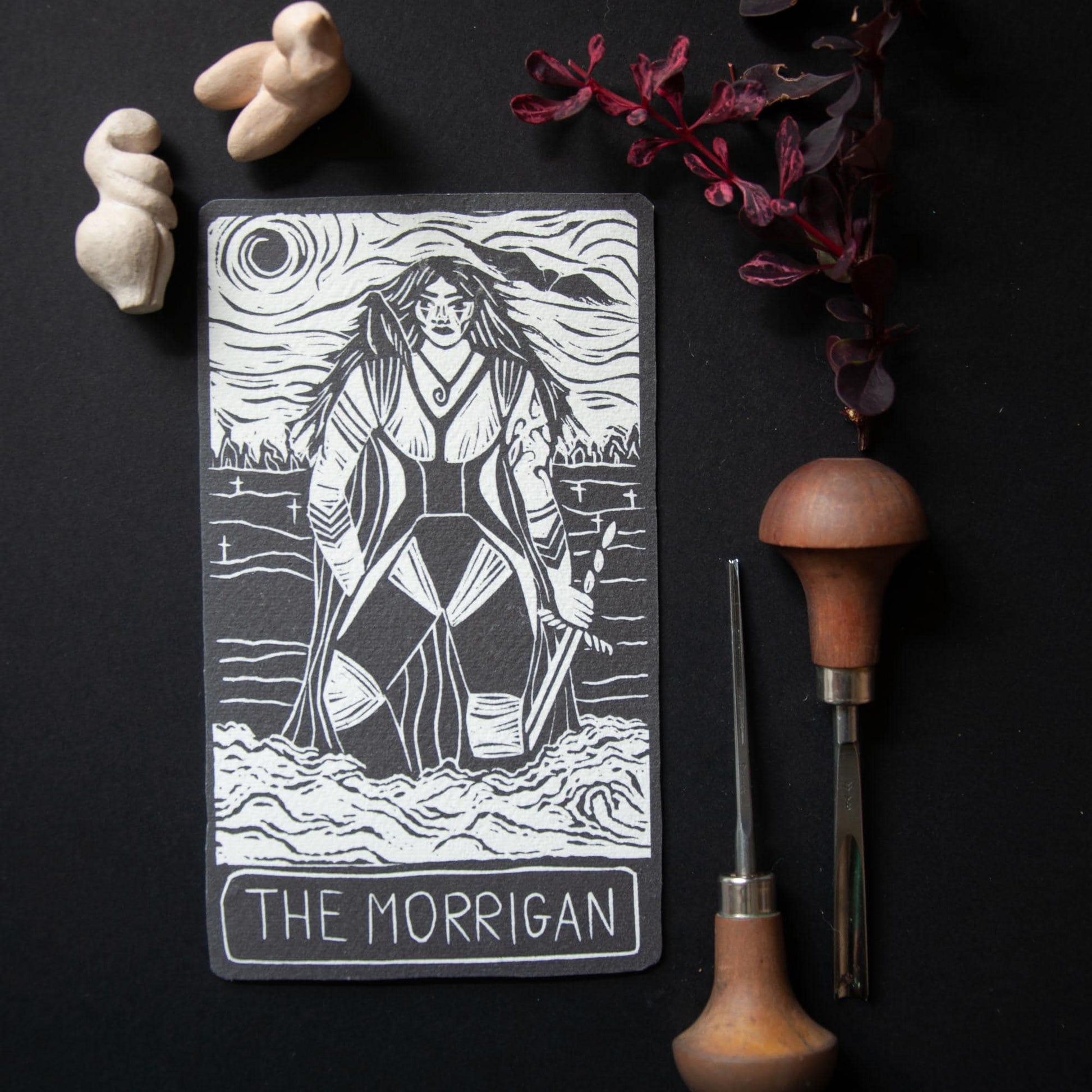 Morrigan Celtic Goddess | Goddess Oracle card with goddess guidance handmade linocut art, eco-friendly gifts.