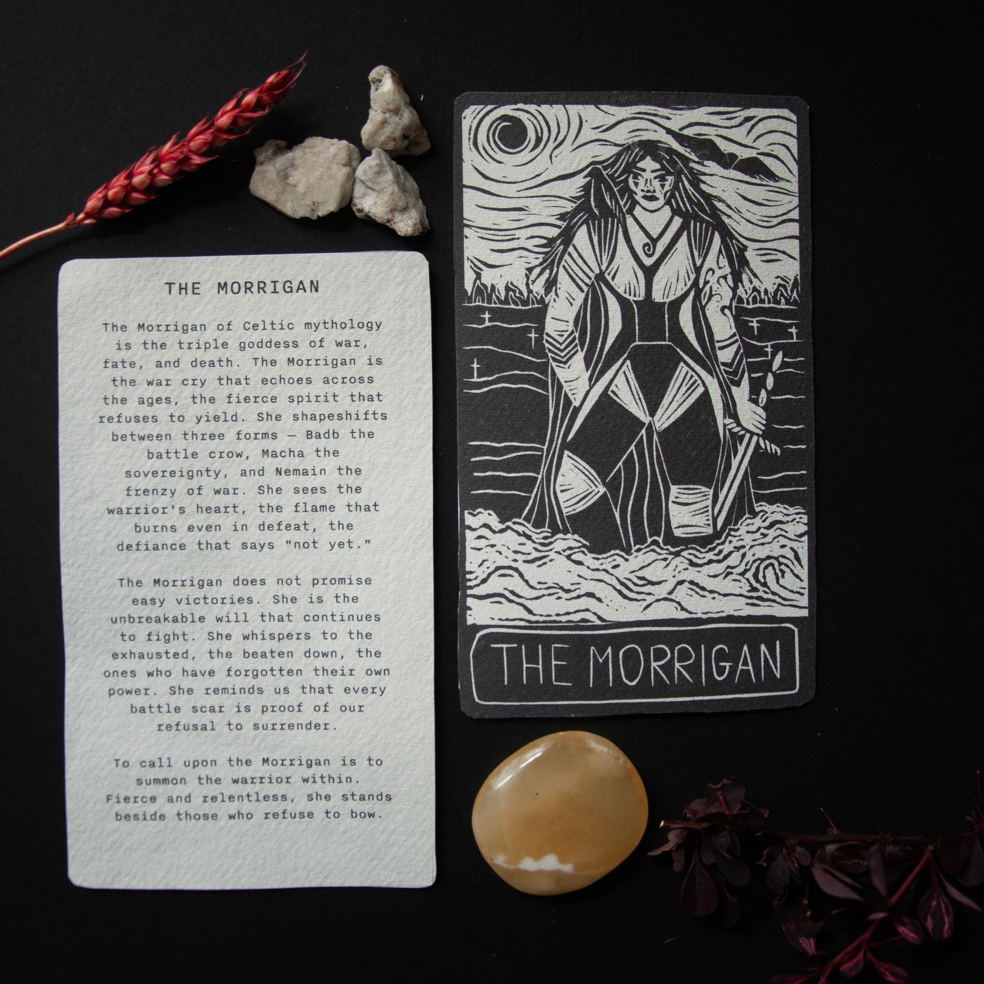 Morrigan Celtic Goddess | Goddess Oracle card with goddess guidance handmade linocut art, eco-friendly gifts.
