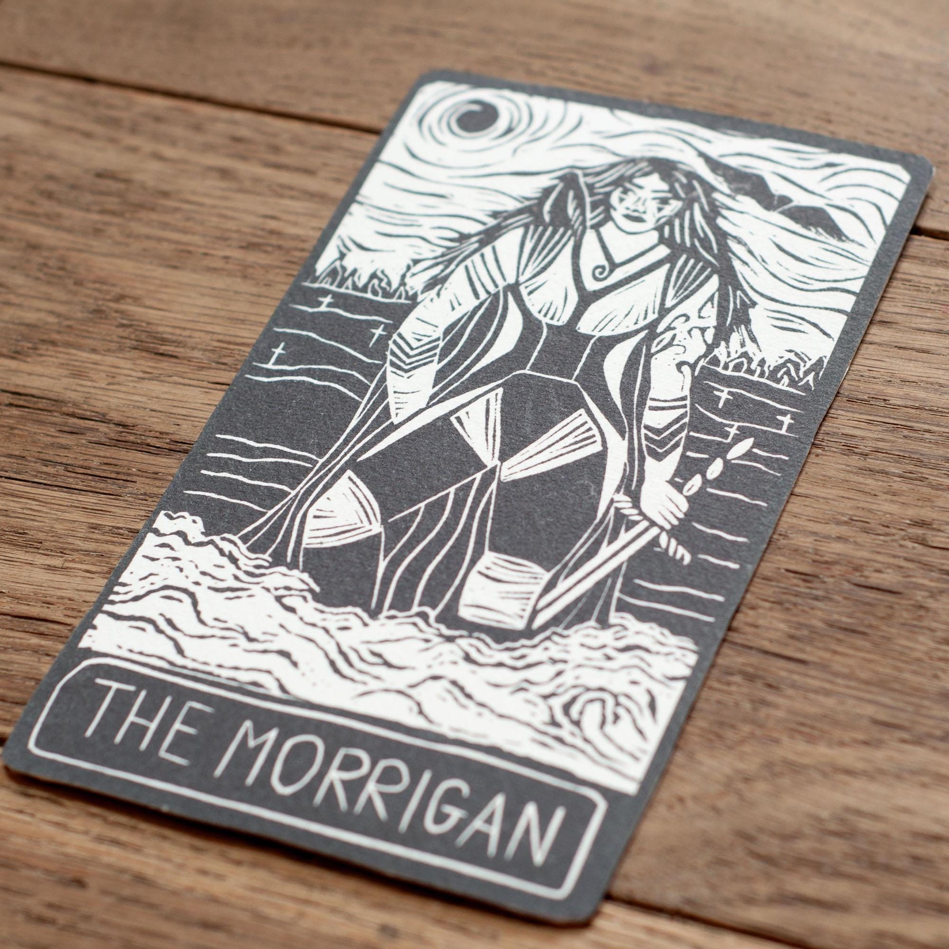 Morrigan Celtic Goddess | Goddess Oracle card with goddess guidance handmade linocut art, eco-friendly gifts.