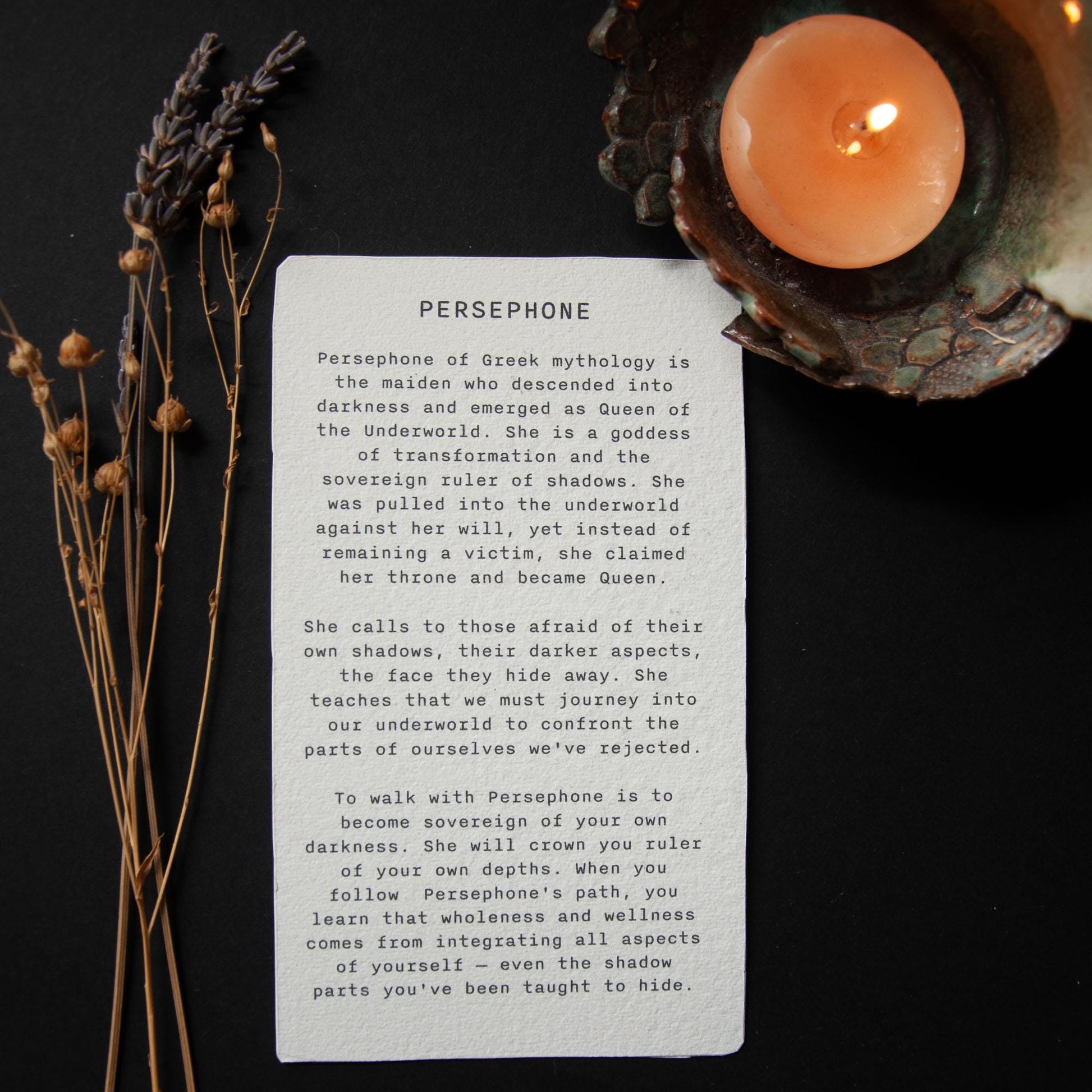 Persephone, Greek goddess, Queen of the underworld. Goddess guidance oracle card, handmade linocut art, eco-friendly gifts.