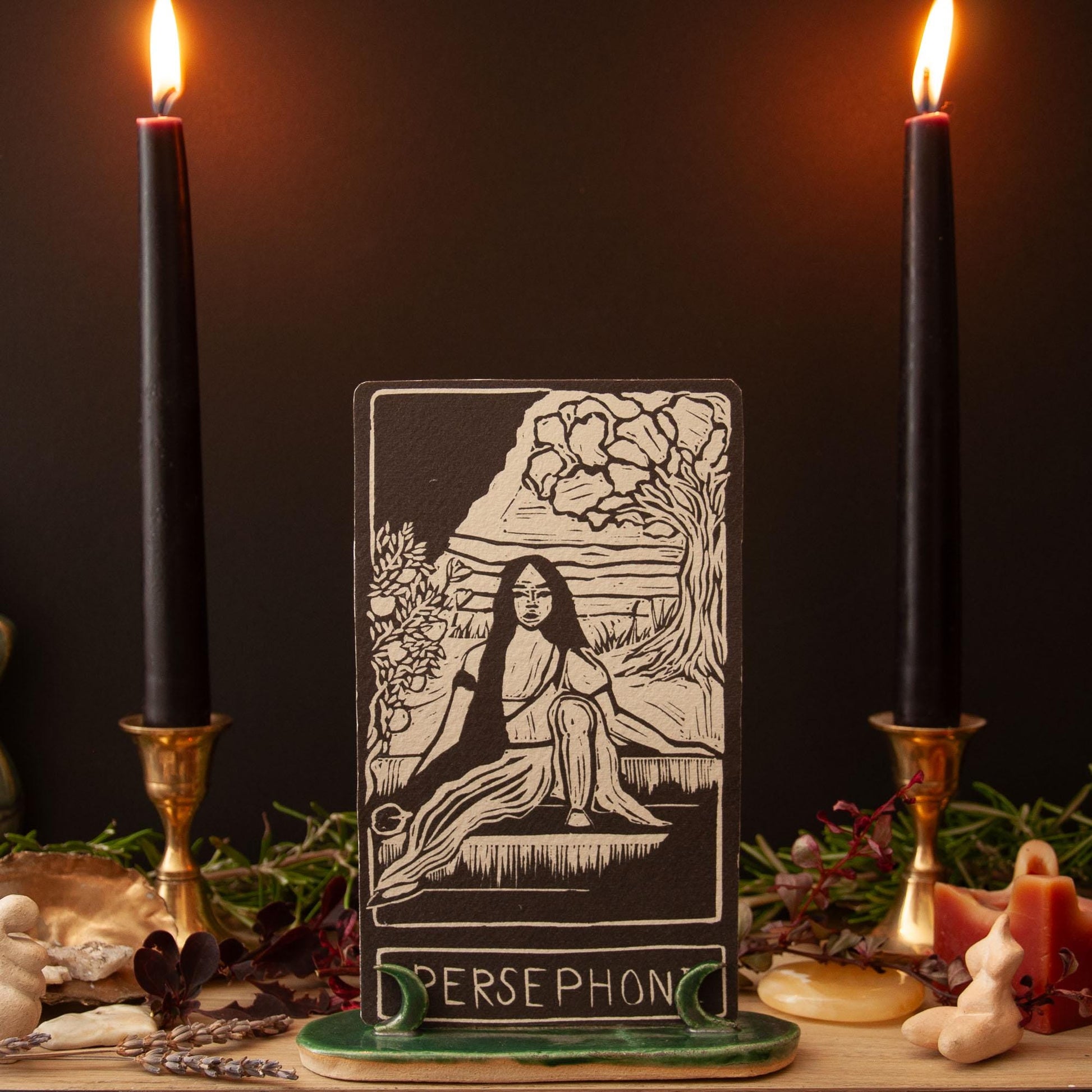 Persephone, Greek goddess, Queen of the underworld. Goddess guidance oracle card, handmade linocut art, eco-friendly gifts.