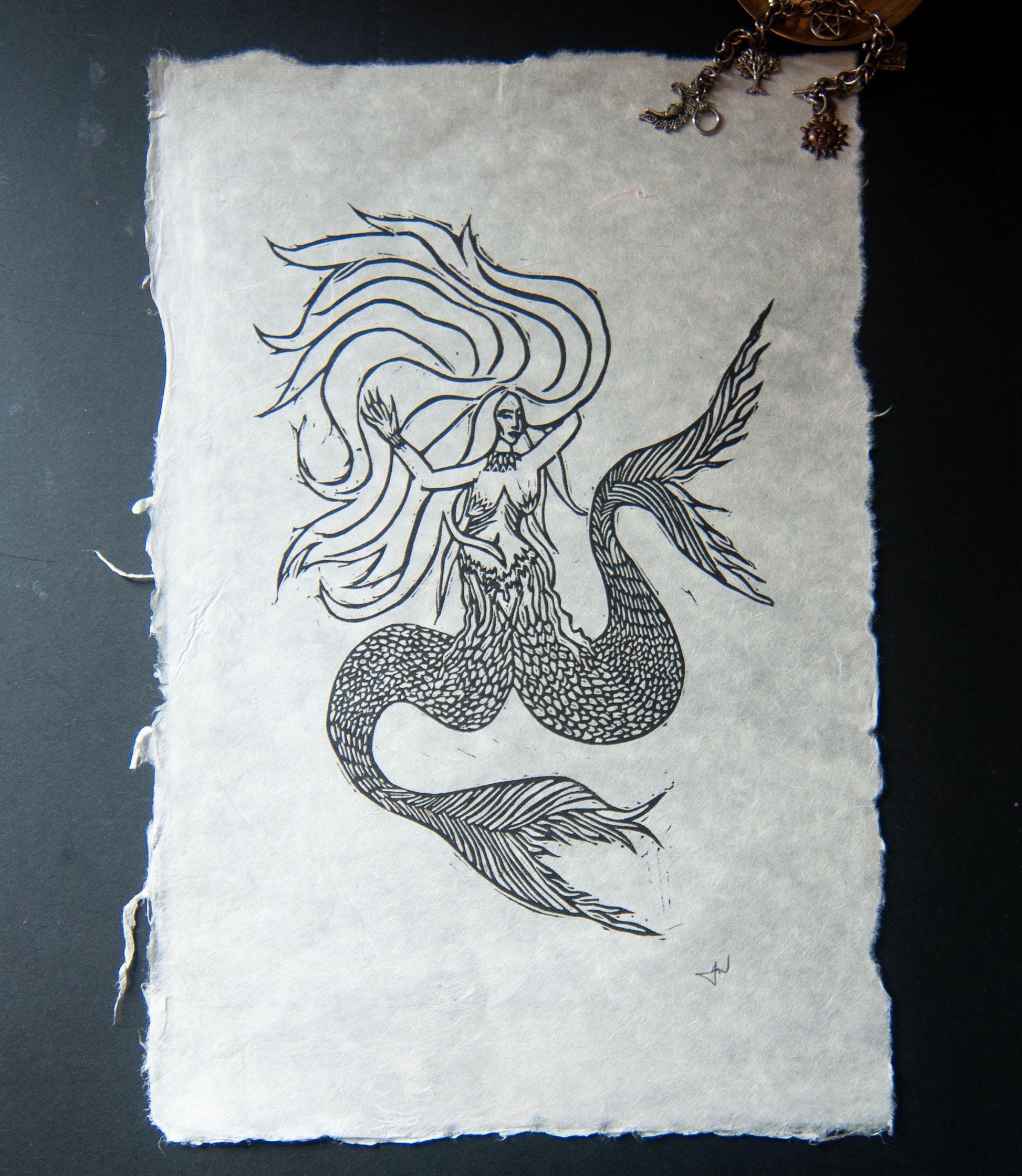 The Two tailed Mermaid Original Linocut Print | Two versions |