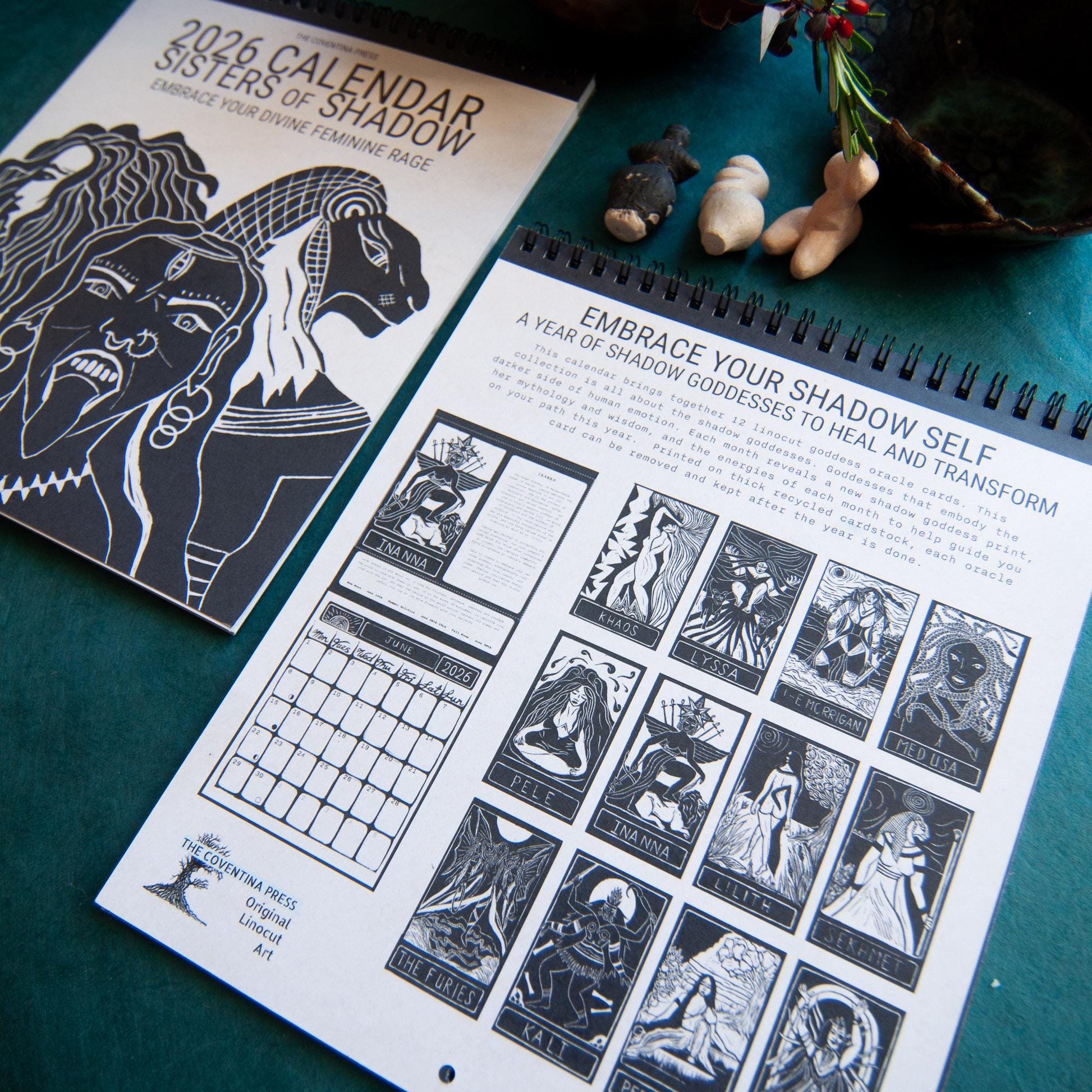 Calendar 2026, sisters of shadow - dark goddesses and feminine power. Original pagan linocut art with goddess guidance. Moon Phase calendar.