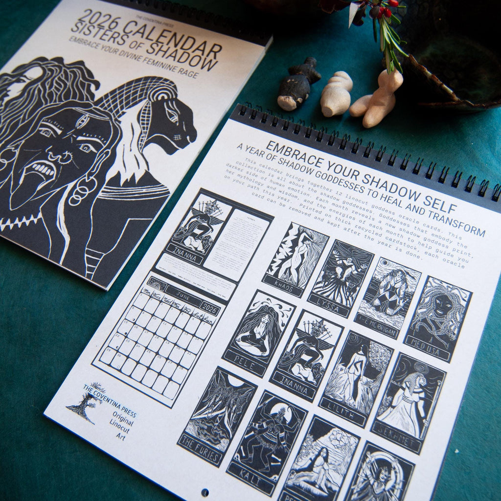 Calendar 2026, sisters of shadow - dark goddesses and feminine power. Original pagan linocut art with goddess guidance. Moon Phase calendar.