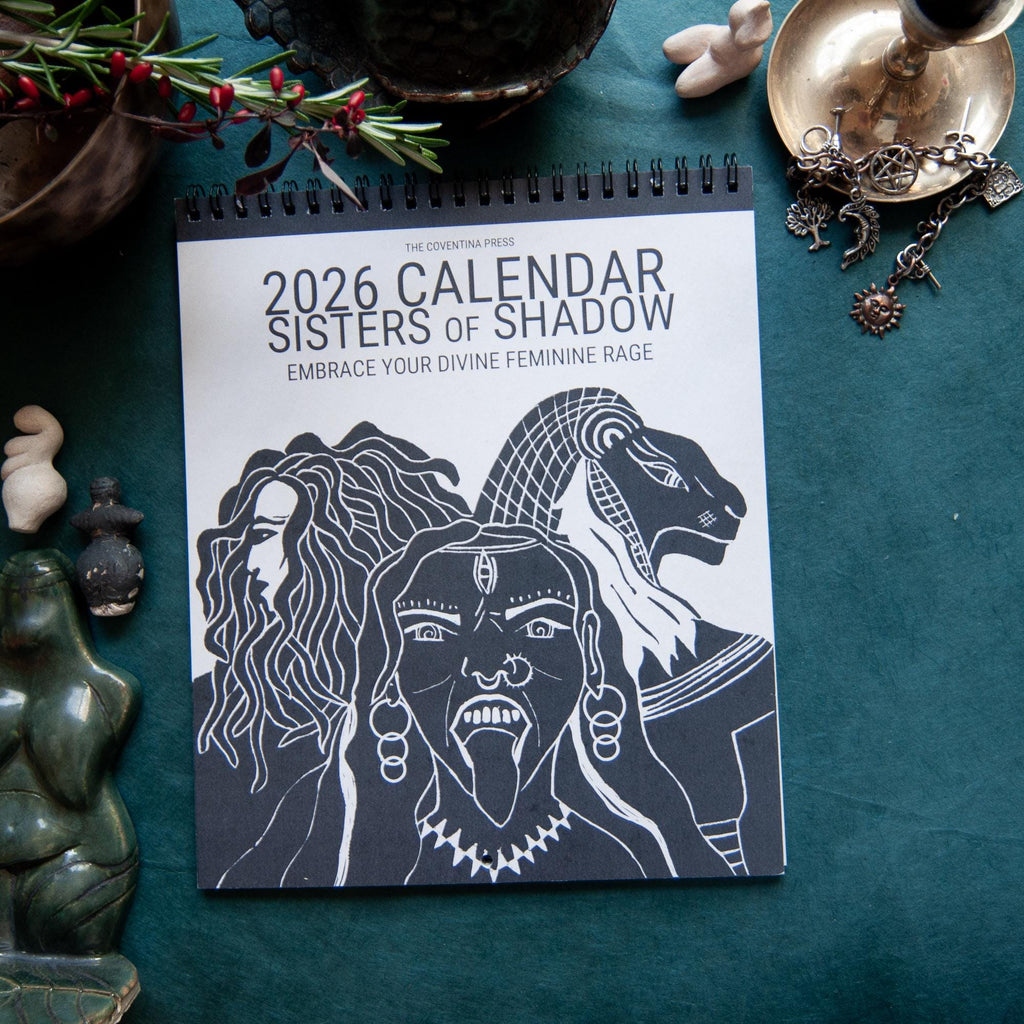 Calendar 2026, sisters of shadow - dark goddesses and feminine power. Original pagan linocut art with goddess guidance. Moon Phase calendar.