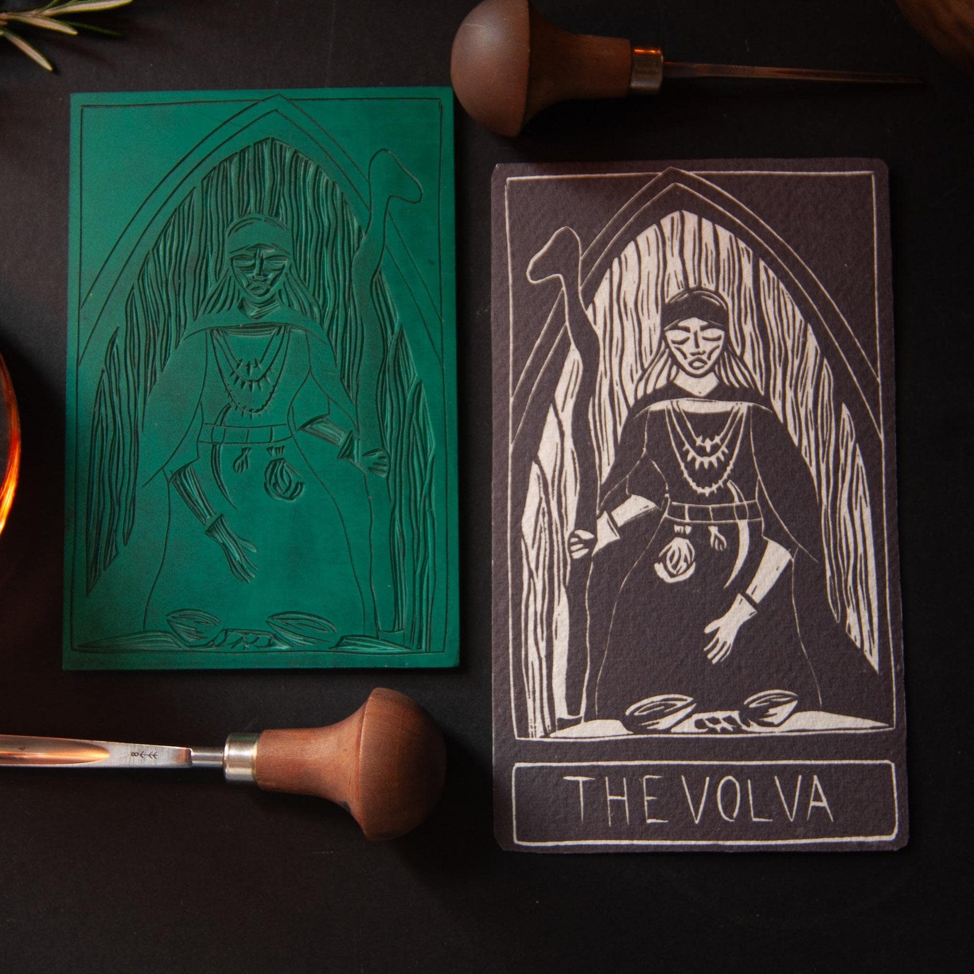 The Volva | Norse witches oracle card handmade linocut art, eco-friendly gifts.