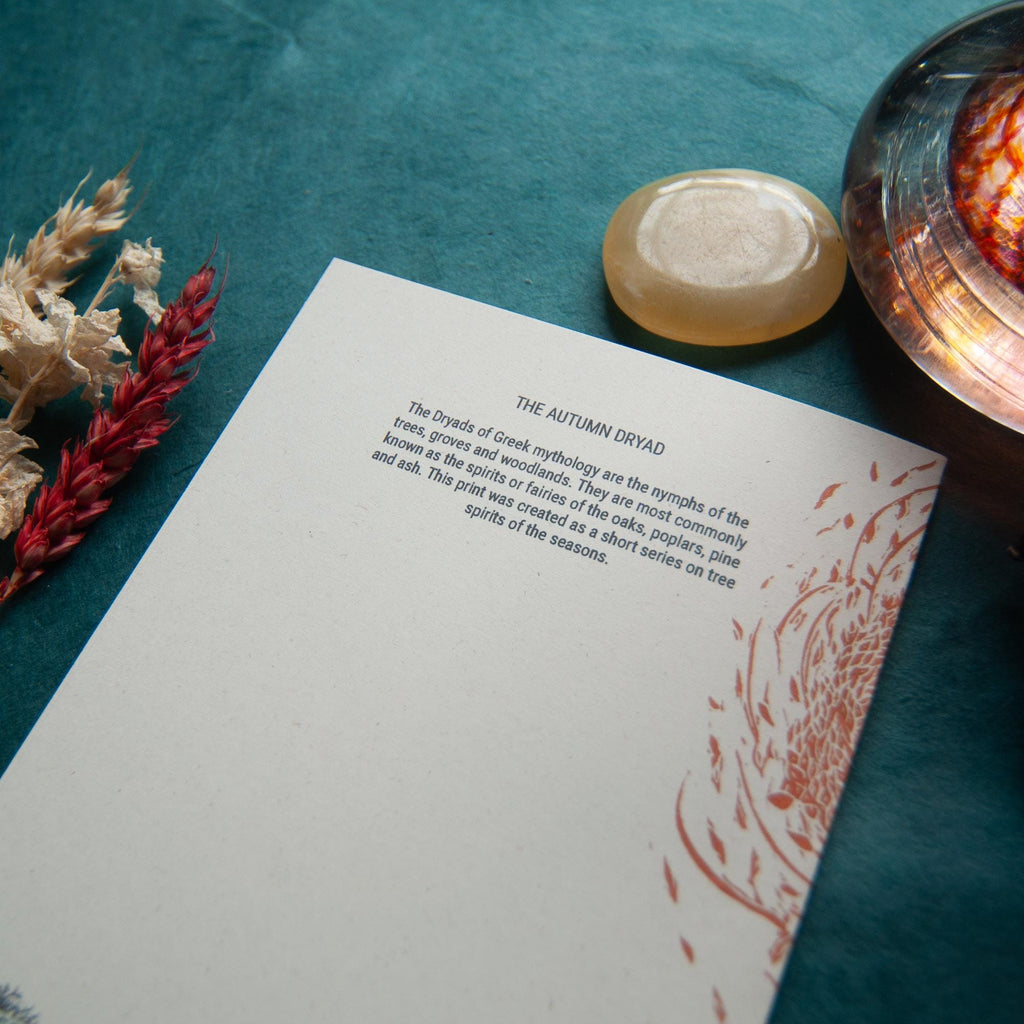 The Autumn Dryad Goddess | Dryad mythology linocut print , Recycled eco-friendly | Greeting card.