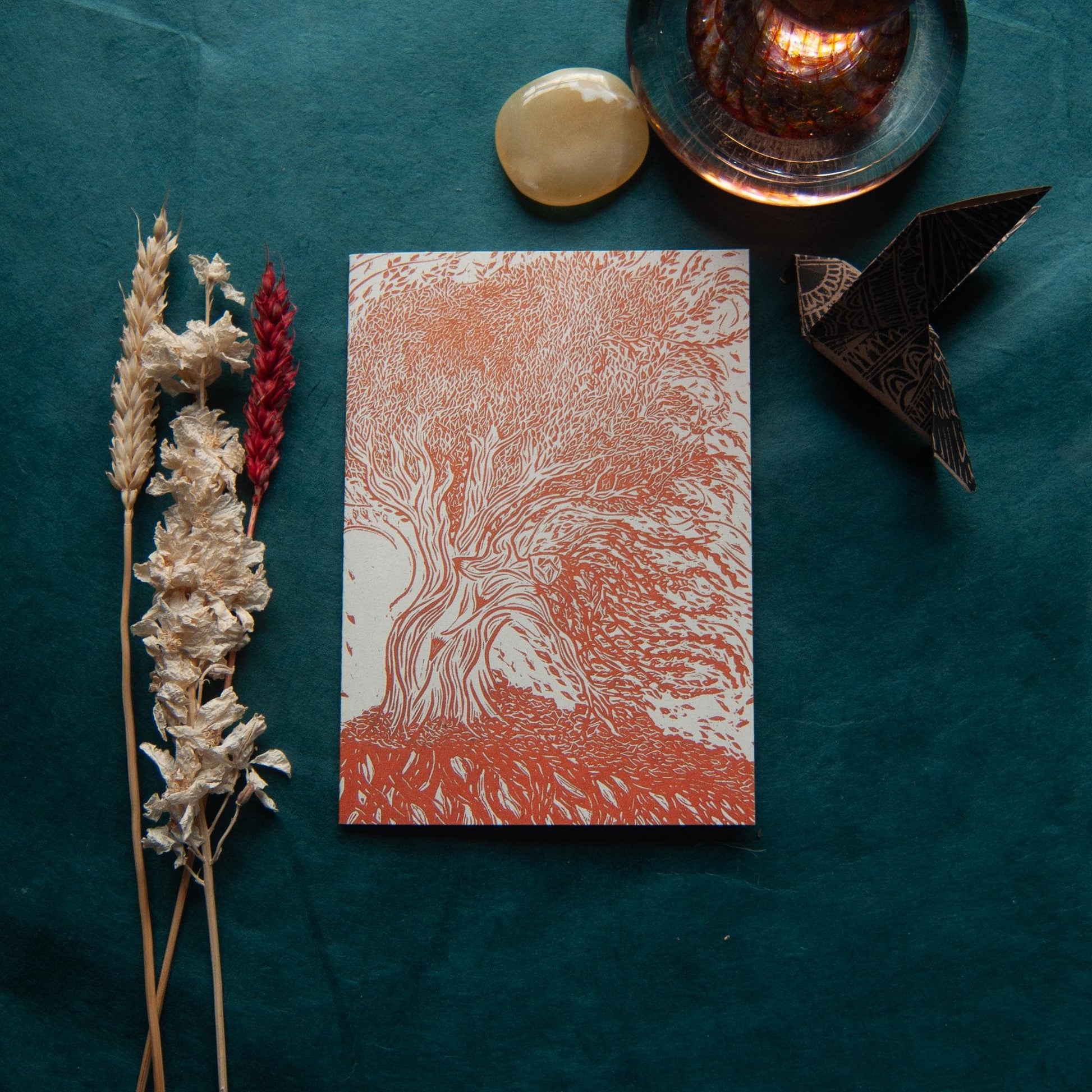 The Autumn Dryad Goddess | Dryad mythology linocut print , Recycled eco-friendly | Greeting card.