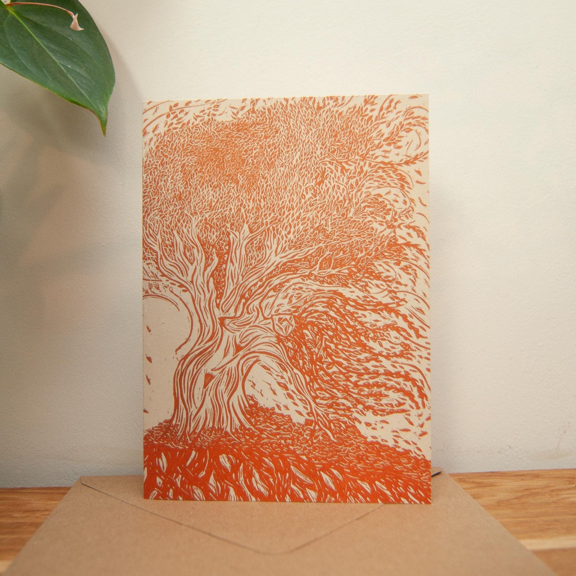 The Autumn Dryad Goddess | Dryad mythology linocut print , Recycled eco-friendly | Greeting card.