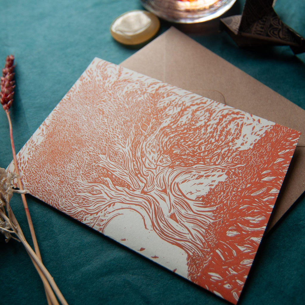 The Autumn Dryad Goddess | Dryad mythology linocut print , Recycled eco-friendly | Greeting card.